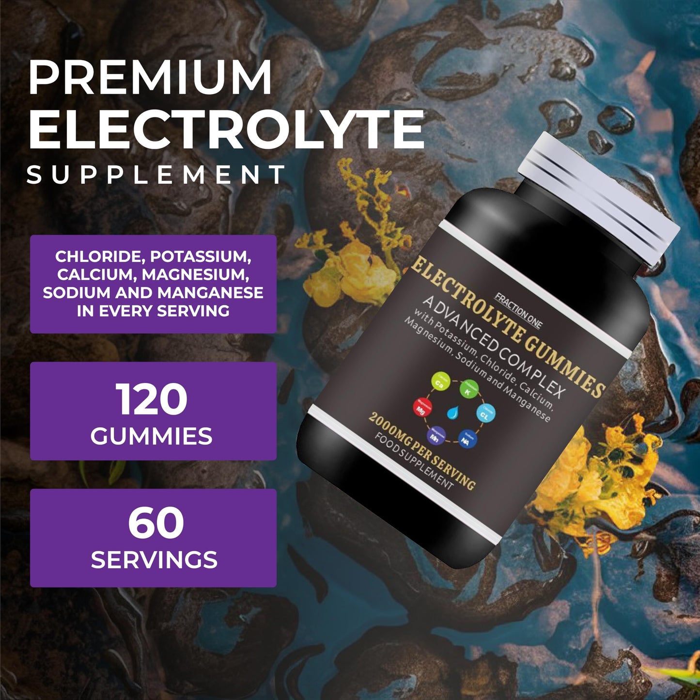 Fraction One Electrolyte Gummies – 2000 mg per Serving, Enhanced with Potassium, Chloride, Calcium, Magnesium, Sodium and Manganese – Supports Energy and Hydration – 120 Gummies – 60 Days Supply