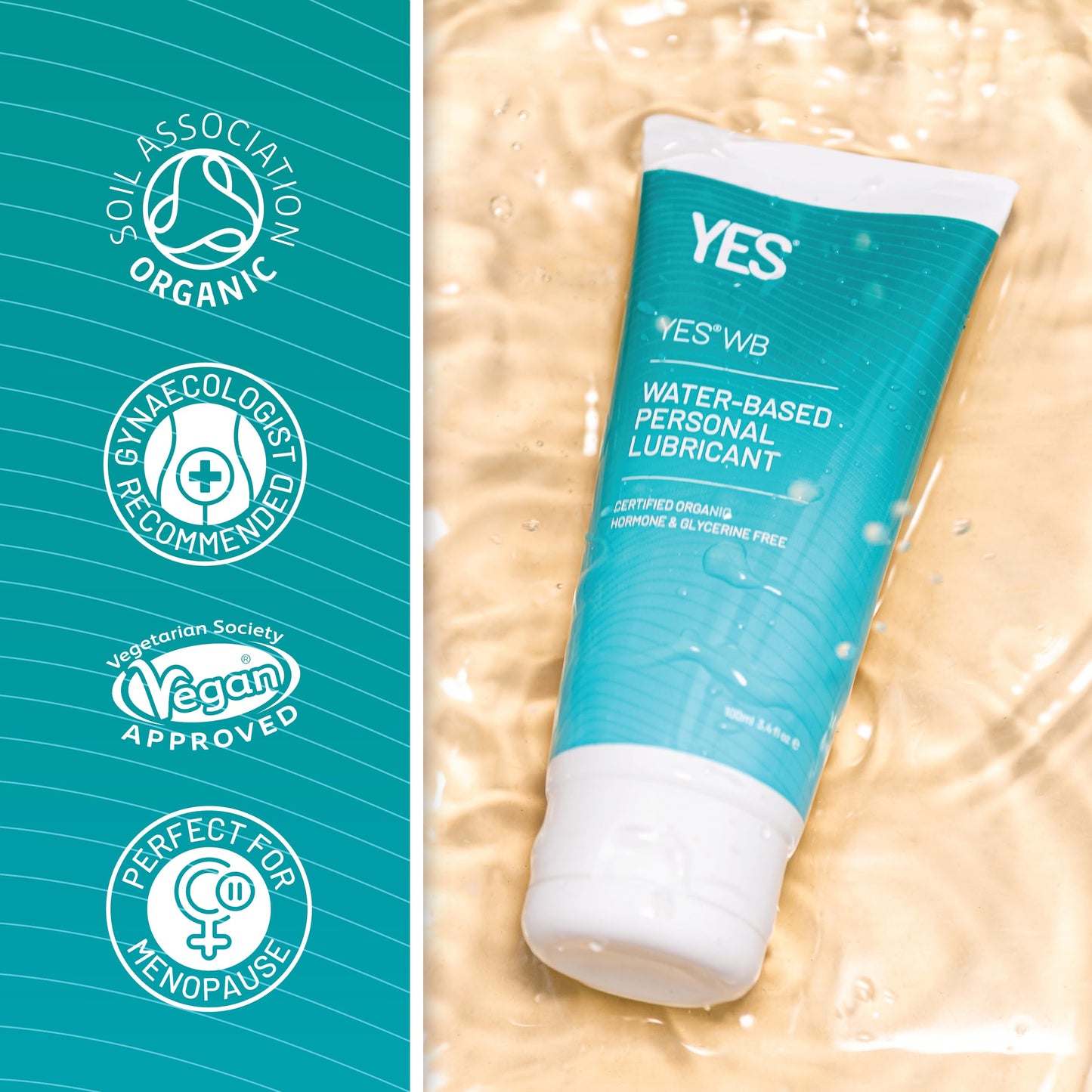 YES WB Water-Based Personal Lubricant | Intensely Hydrating Water-Based Lube | Certified Organic | Made Without Hormones or Glycerine | pH Matched (100ml)