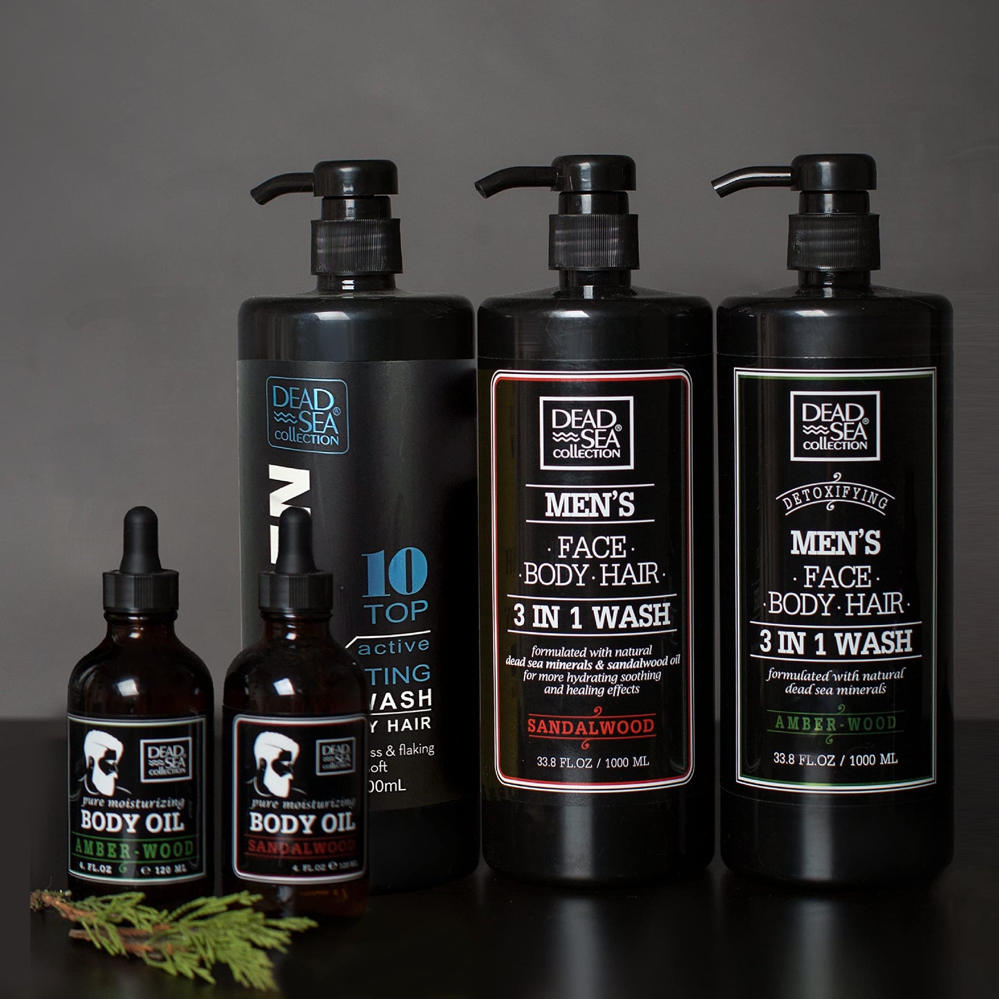 Dead Sea Collection Mens Shower Gel 3 in 1 with Sandalwood Oil and Dead Sea Salt - Body Wash, Shampoo for Men, Face Wash - Pack of 2 (1000 ml. each)
