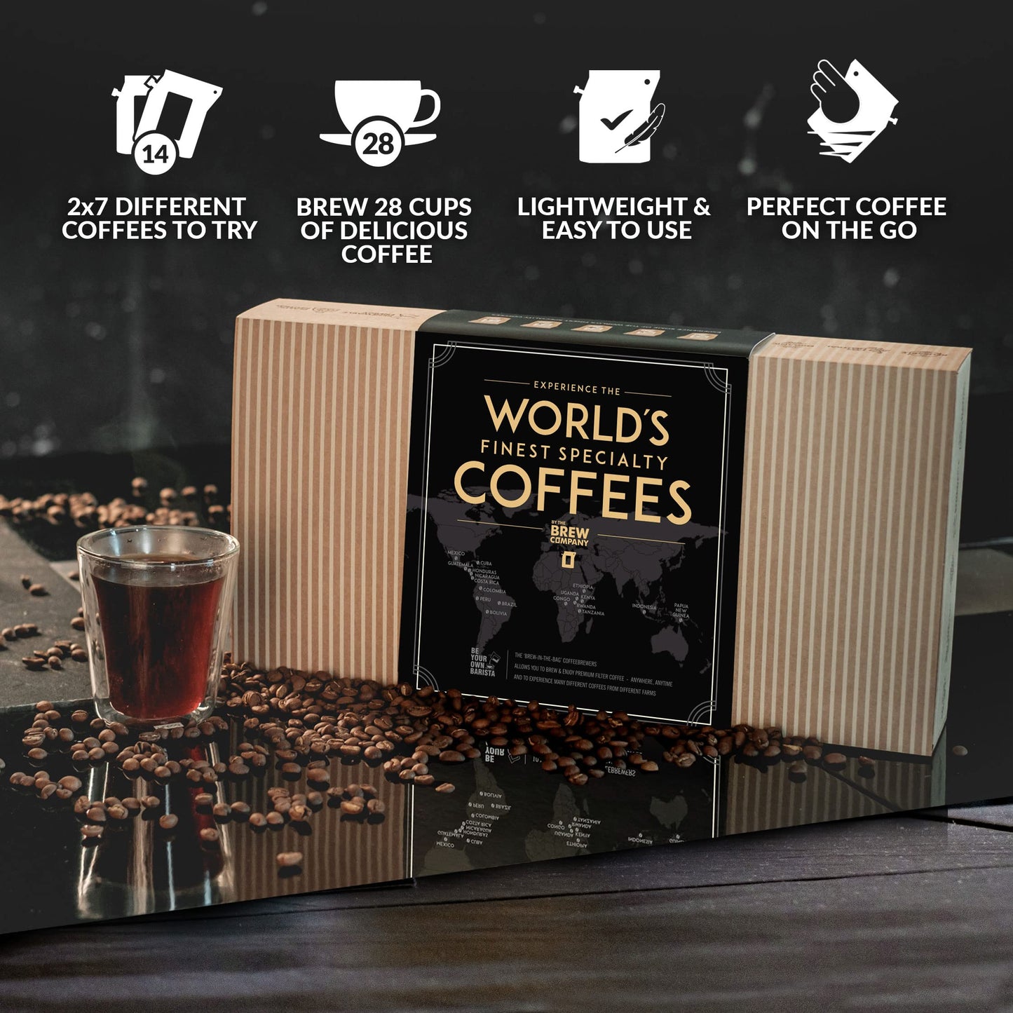 Original Gourmet Coffee Gift Set for Men & Women – 14 of The World’s Finest Single Estate Specialty & Organic Coffees | Brew & Enjoy Anytime, Anywhere | Hamper Style Letterbox Gift Idea for Him & Her