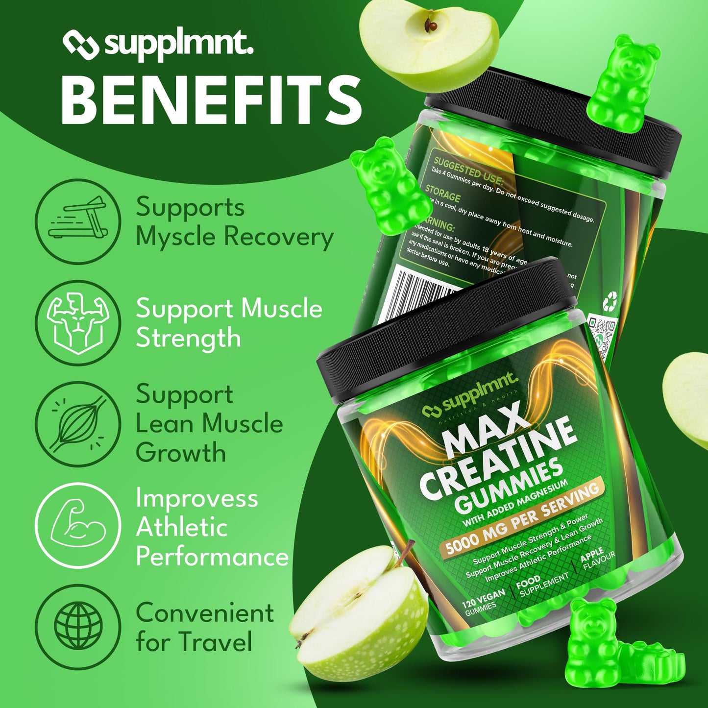 Creatine Gummies 5000mg 120ct Max Strength Muscle Growth Recovery Supplements for Men & Women Creatine Monohydrate with Magnesium Complex Vegan Pre Workout Chewable Gummies, 1 Month Supply (Apple)