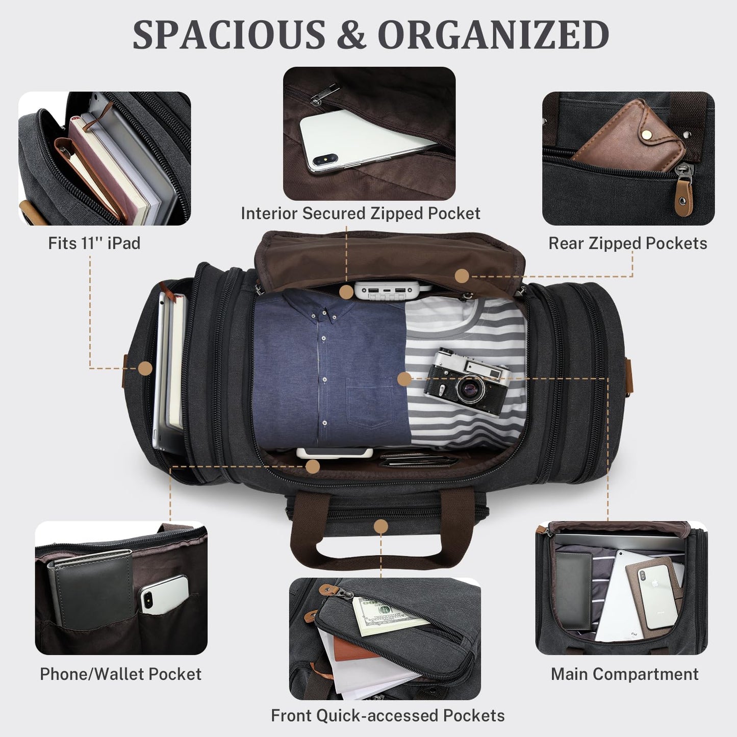 Gonex Expandable Canvas Holdall for Men, 50L / 60L Duffel - Multi-Pockets Overnight Weekend Bag, Unisex Holdall Travel Duffle - Weekender bag, Dark Grey
