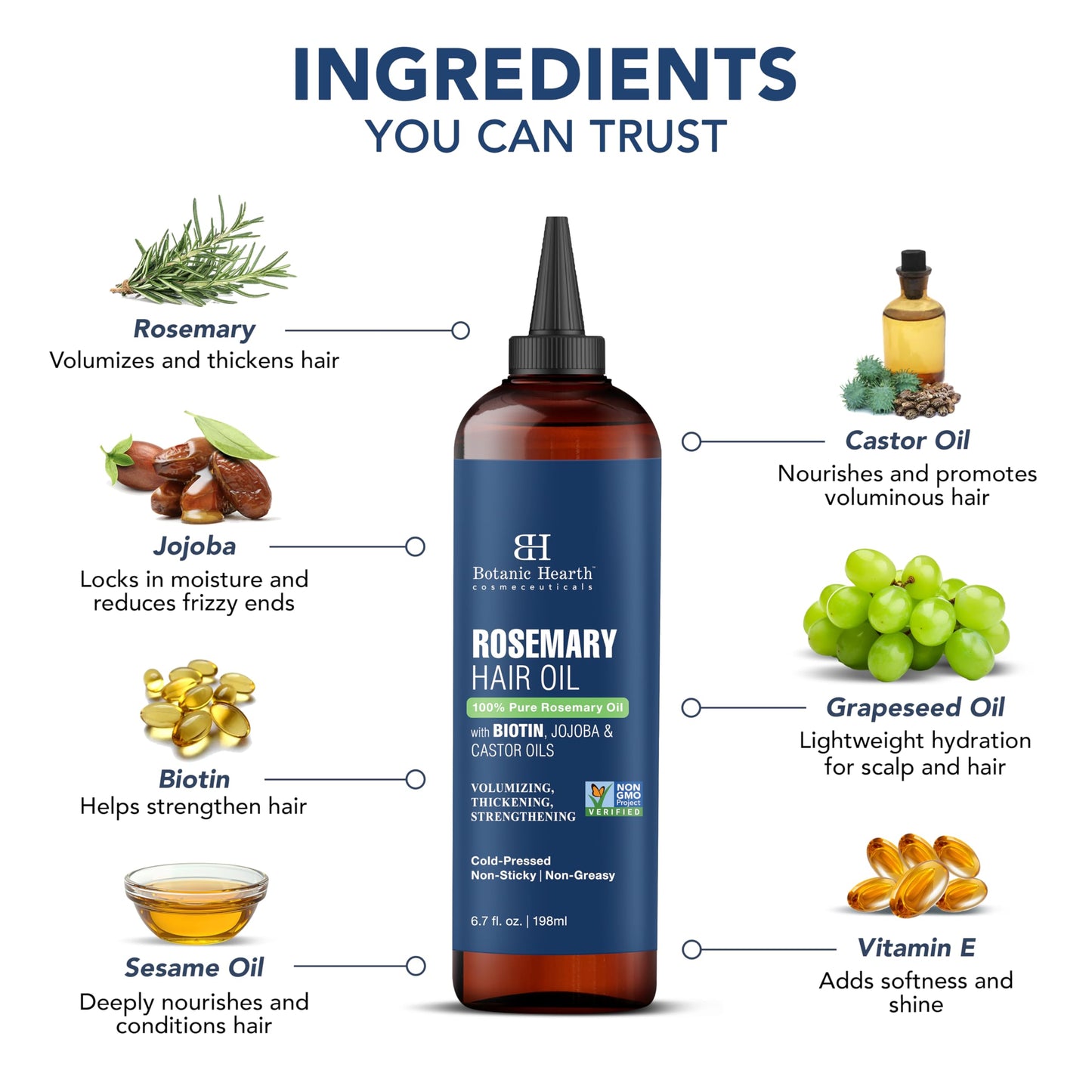 Botanic Hearth 100% Pure Rosemary Oil For Hair Growth Infused With Biotin | Hair Strenghtening Treatment | Nourishing & Volumizing | With Jojoba Oil & Castor Oil | Non GMO Verified | 6.7 fl oz