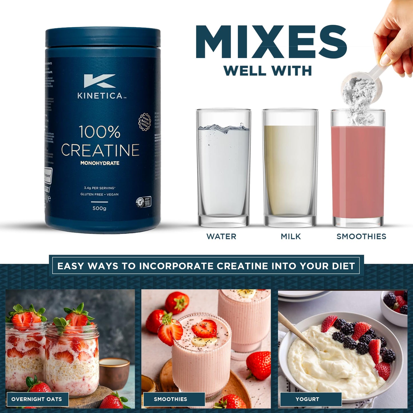 Kinetica Sports Creapure® 100% Creatine Monohydrate Powder - Unflavoured | 3.4g Creatine/Serve, 147 Servings/500g Pack | Vegan & Gluten Free | Optimum for High Physical Performance & Muscle Power