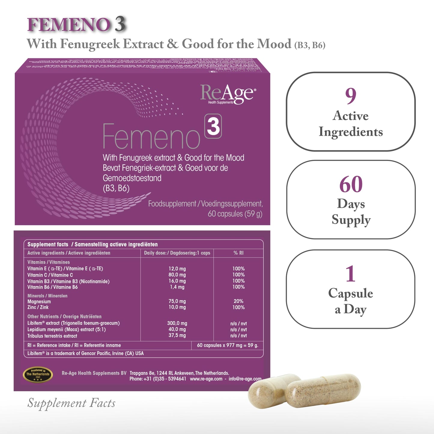 FEMENO 3 Women Supplement | Herbal Supplement with Maca Root, Fenugreek Extract and Tribulus Terrestris | 60 Capsules | by ReAge®