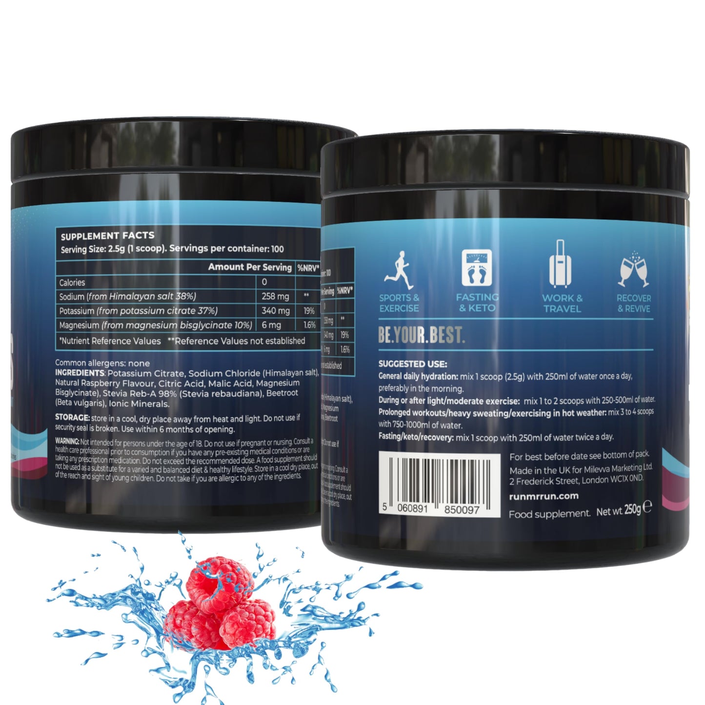 Electrolytes Powder 250g, 100 Servings - Rapid Rehydration with Himalayan Salt, Zero Sugar - Hydration Energy Recovery - Running Gym Keto Fasting Salts - UK Made, Vegan, Raspberry Flavour