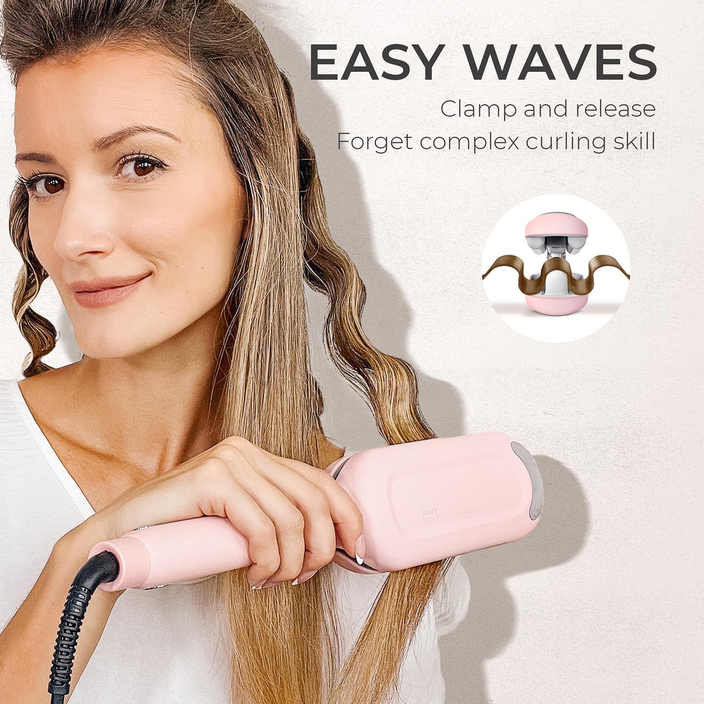 TYMO ROVY Hair Waver Crimper - Hair Curler, Deep Waver Curling Iron, Ionic Curling Wand with Ceramic Tourmaline Barrel for Women, Anti-Scald, Quick & Easy, Dual Voltage, Pink 32mm