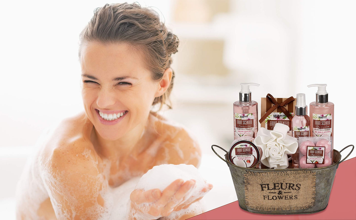 BRUBAKER Cosmetics 'Coconut Milk & Strawberry' 10-Pieces Bath Gift Set in Vintage Tub