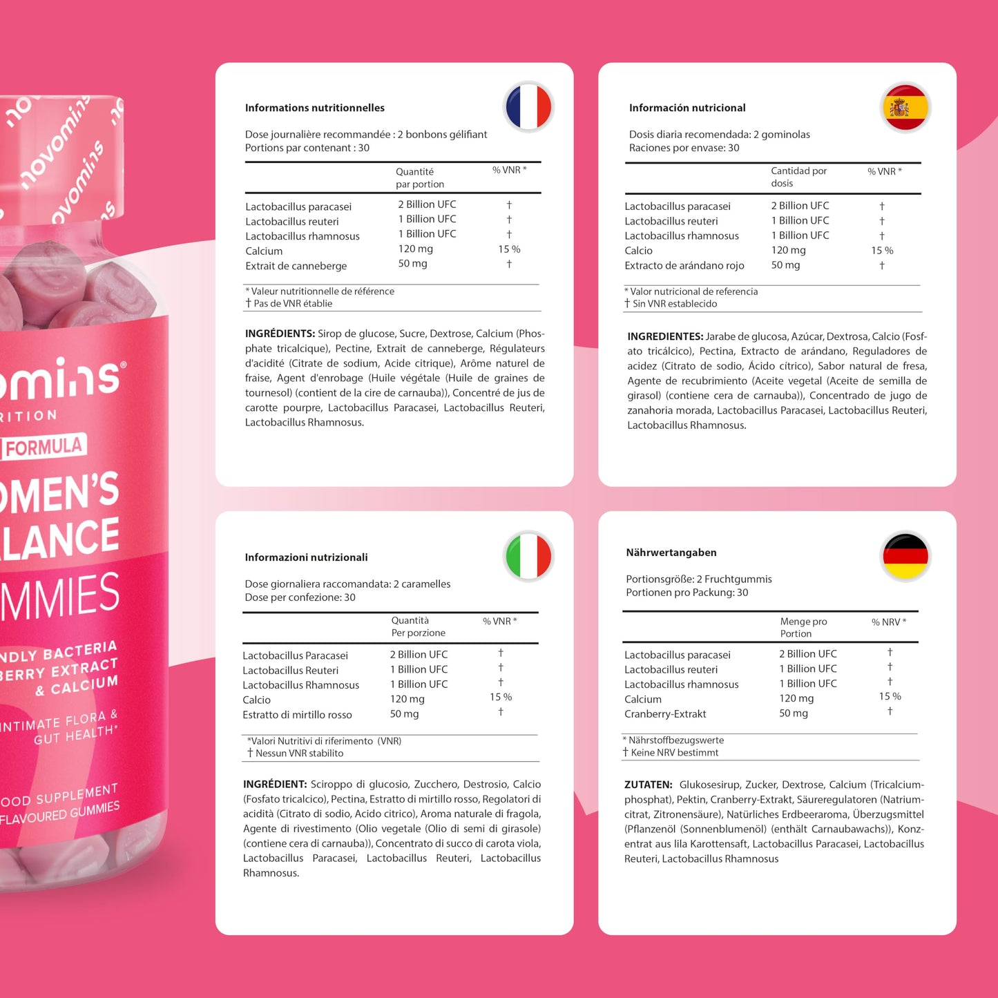 Women's Bio Balance Gummies - 4 Billion Friendly Bacteria Probiotics for Women with Cranberry Supplements - Feminine Balance Gummies Advanced Multi-Strain Formulation - 60 Count Gummies - Novomins