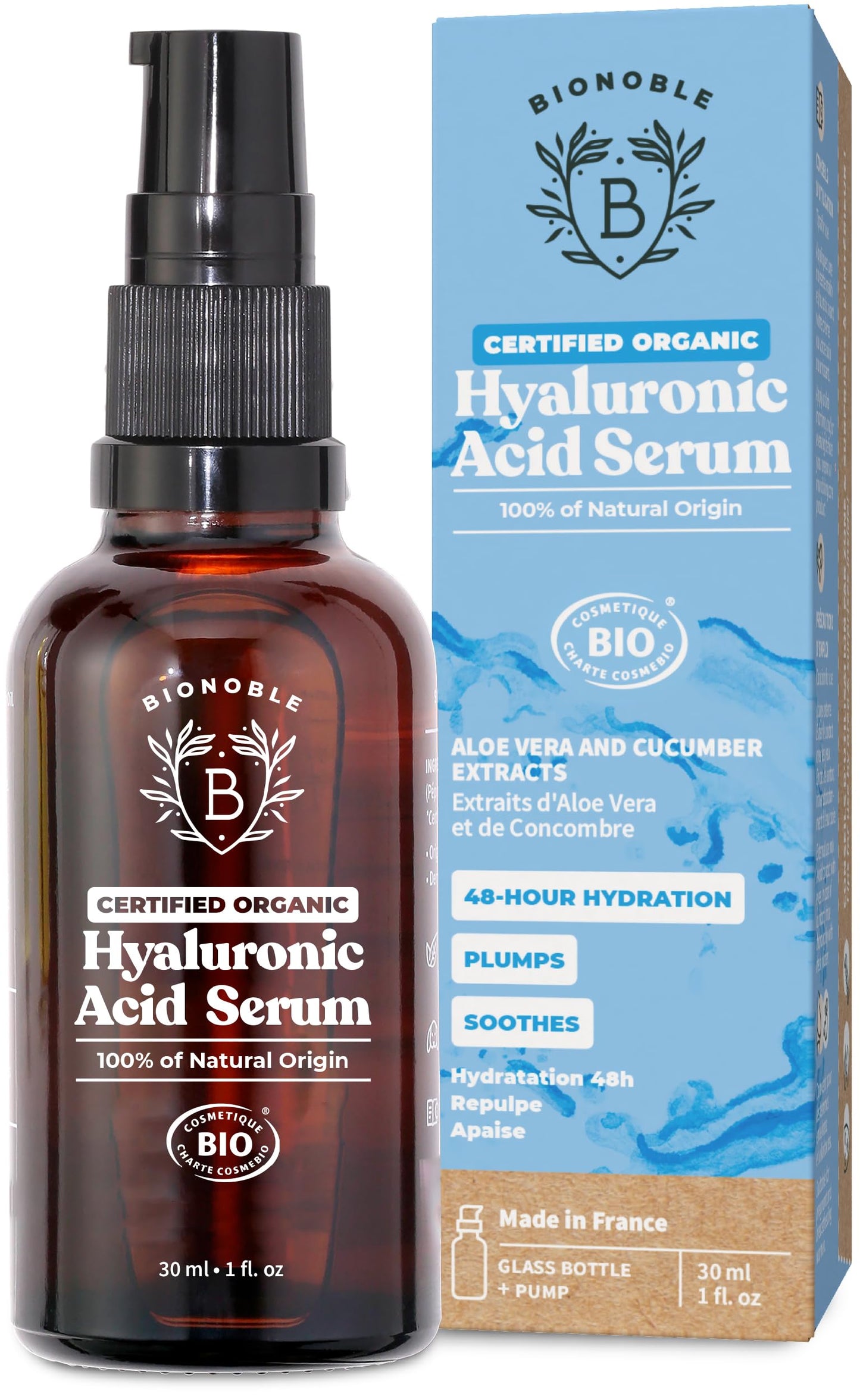 BIONOBLE Hyaluronic Acid Serum Certified Organic - Hydrating, Anti Wrinkle & Anti Aging with Aloe Vera - Vegan Face Serum for Women Mature Skin & All Skin Types - Glass Bottle + Pump - 30ml