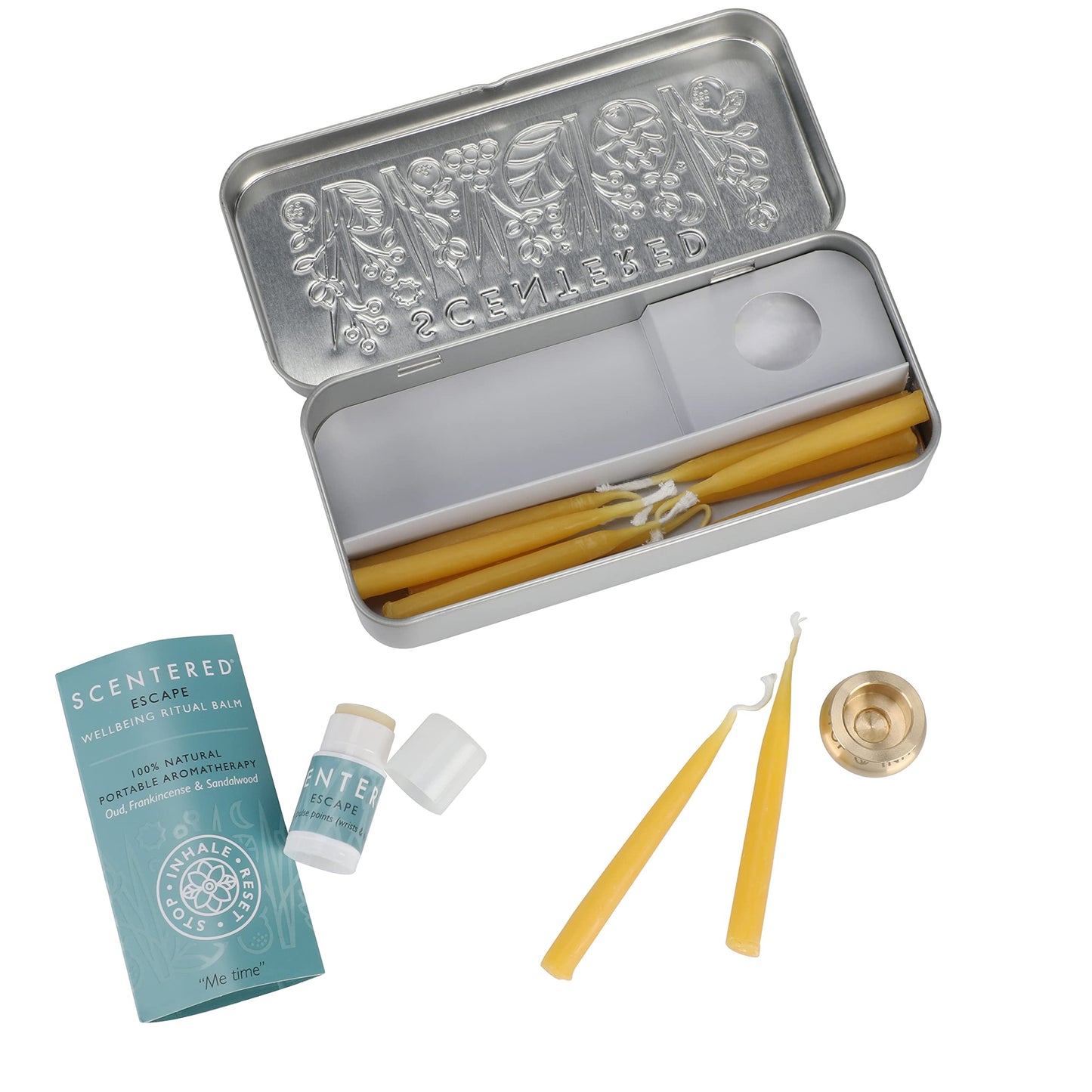 Scentered Aromatherapy Balm & Meditation Candle Set - Mindful Escape Relaxation - x12 Beeswax Candles with Brass Holder & x1 Essential Oil Blend Balm