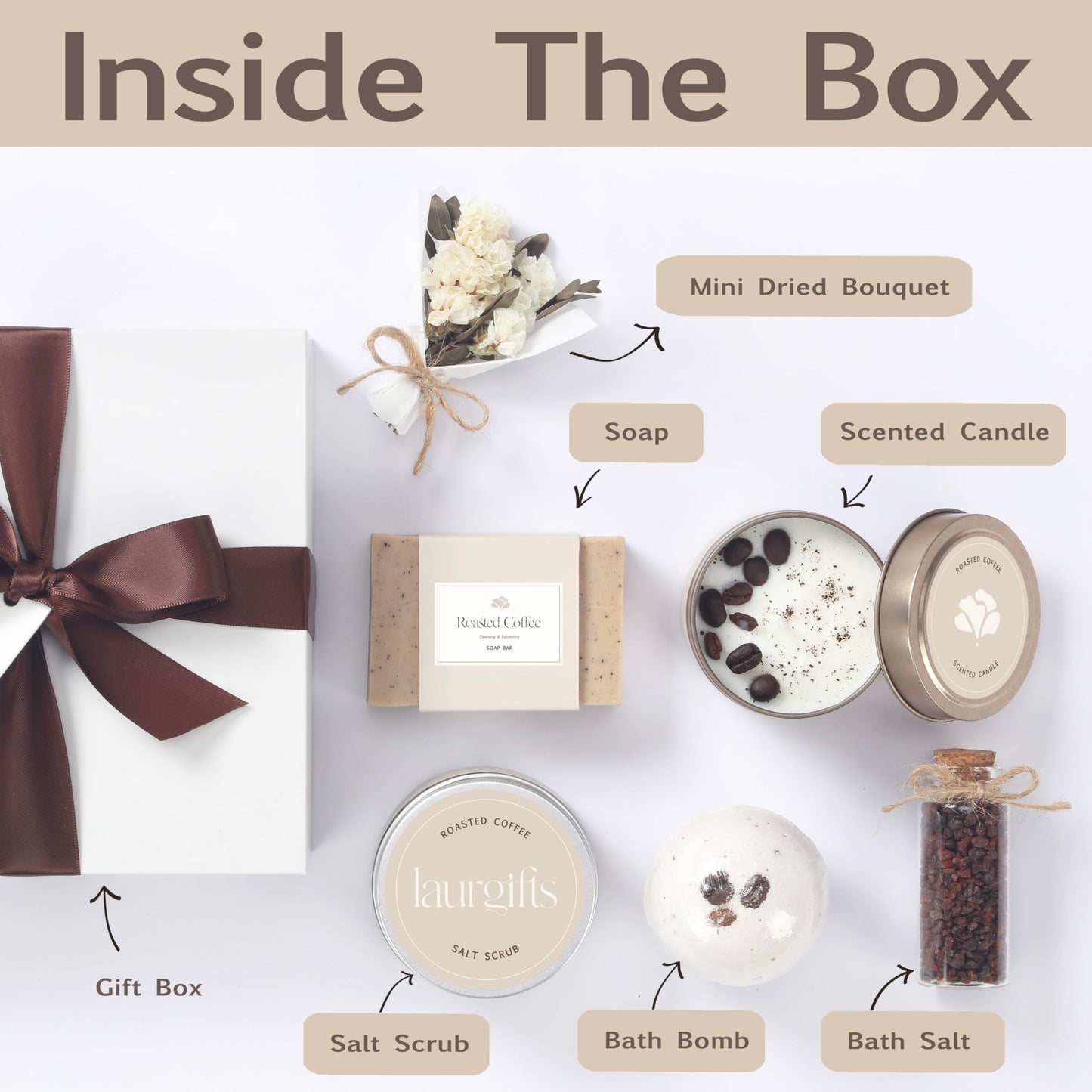 LaurGifts Coffee Scented Set Box - Birthday Present for Women, Candle Basket for Coffee Lovers, Coworker Idea - Spa Package for Friend, Mom, Wife, Girlfriend, Father