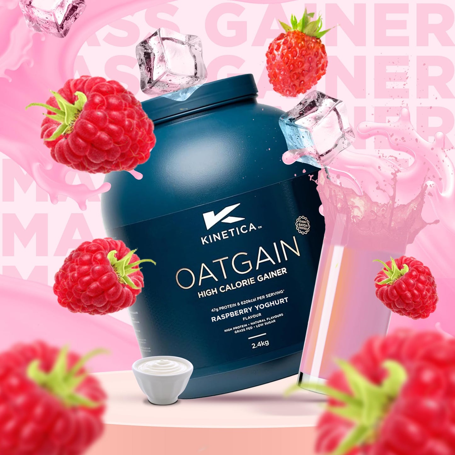 Kinetica Sports OatGain Weight Gainer - Raspberry Yoghurt Flavour | 630 Cal, 46g Protein & 82g Carbs/Serve, 15 Servings/2.4Kg | Optimum Grass Fed Protein Supplement | High Calorie & Easy Mixability