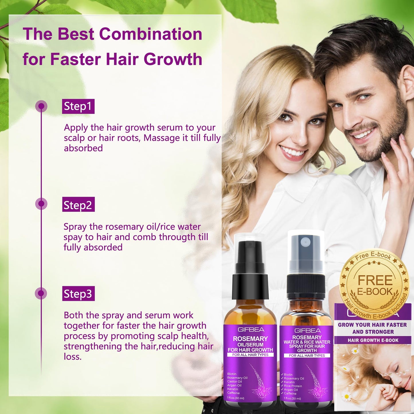 GIFBEA Rosemary Oil Serum for Hair Growth W/Rosemary Water & Rice Water Spray Hair Growth,Biotin Castor Oil Argan Oil Caffeine Keratin Reduce Hair Loss,Hair Thickening Products Treatment for Women Men