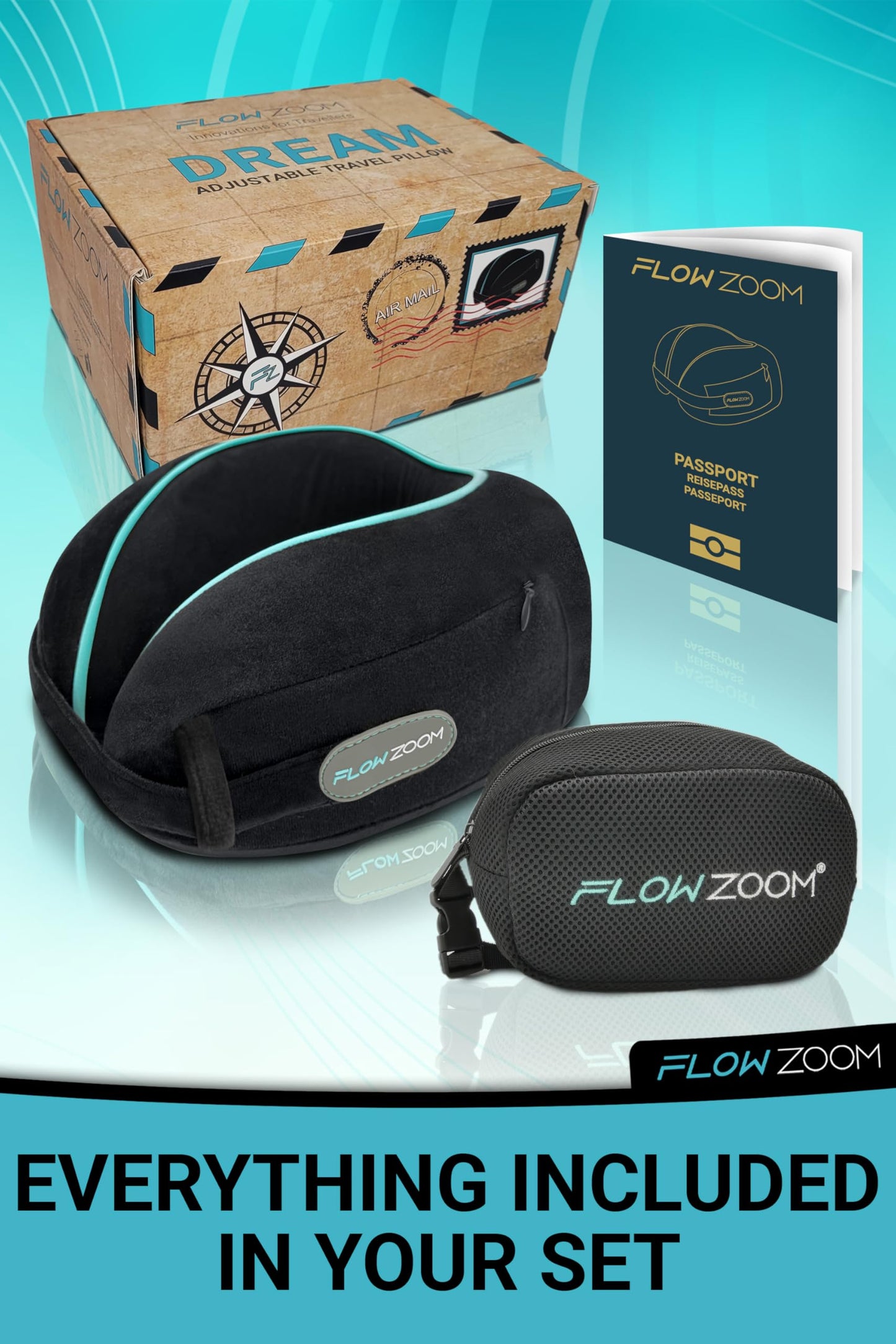 FLOWZOOM Dream Travel Neck Pillow for Airplane & Car – Adjustable Memory Foam Travel Cushion with Higher Sides for Extra Support, Soft, Washable Plush Cover and Compact Mash Bag - Black