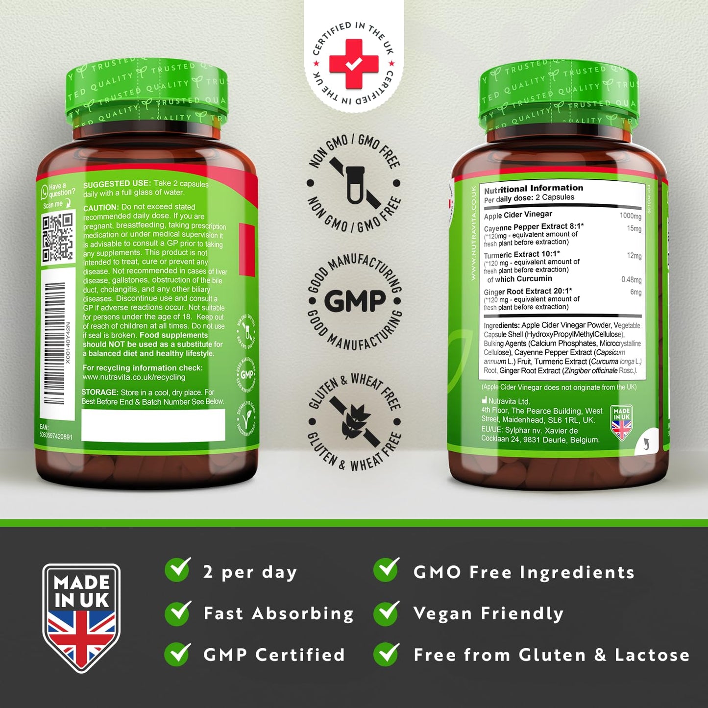 Apple Cider Vinegar Capsules with Cayenne Pepper, Turmeric and Ginger Root - 180 Vegan Capsules Made from UK Grown Apples - Raw Unfiltered ACV - 1033mg Daily Dosage - Made in The UK by Nutravita