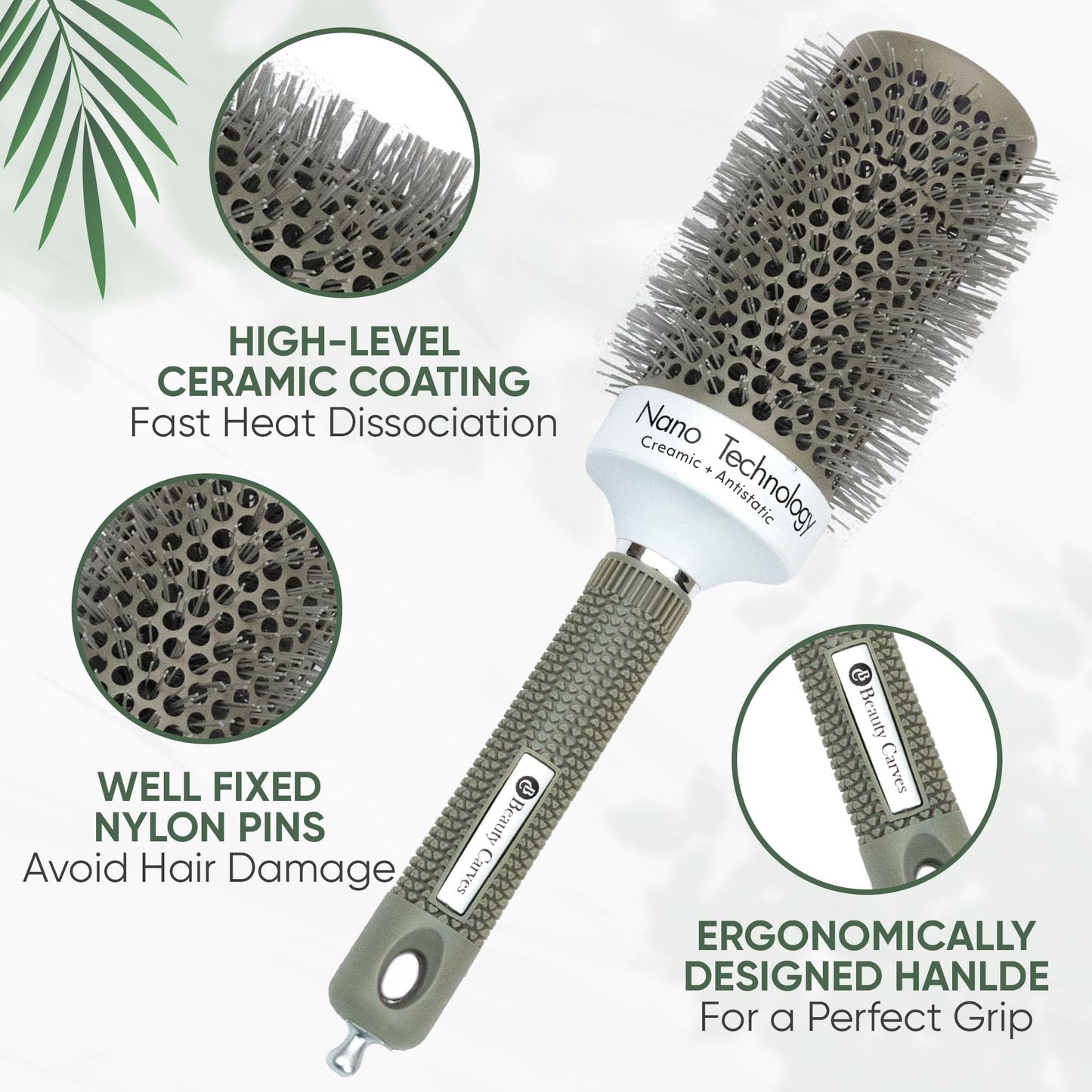 Beauty Carves Round Hair Brush, 53mm Barrel with 2 Clips - Blow Dry Hair Brush with Flexible Nylon 66 Bristles - Nano Ionic Heat Resistant Tech for Professional Curling, Styling & Shining Texture