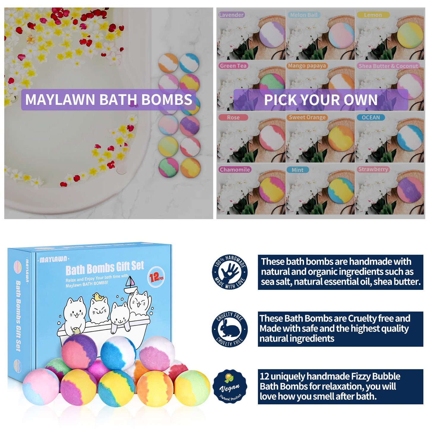 Bath Bombs Gift Set, 12pcs Handmade Fizzy Bubble Bath Bombs, Vegan & Cruelty Free, Perfect for Bubble and Spa Bath, Birthday Mothers Day Gifts Idea for Her/Him, Wife, Girlfriend