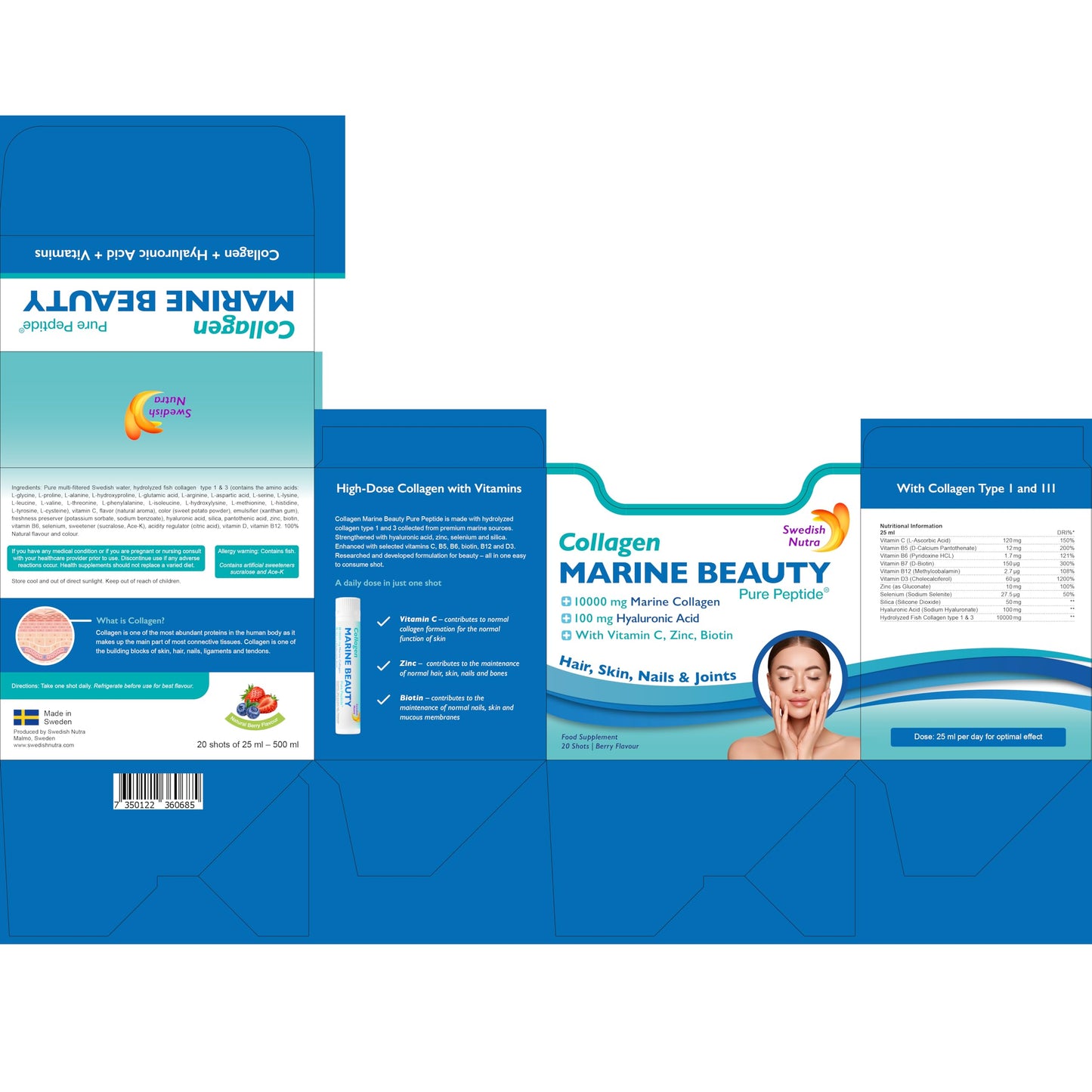 Swedish Nutra - Marine Beauty Shots - 2 Boxes, 40 Day Supply I 10000 mg Hydrolyzed Marine Collagen (Type I & III) I Skin, Hair & Nails I Higher Absorption
