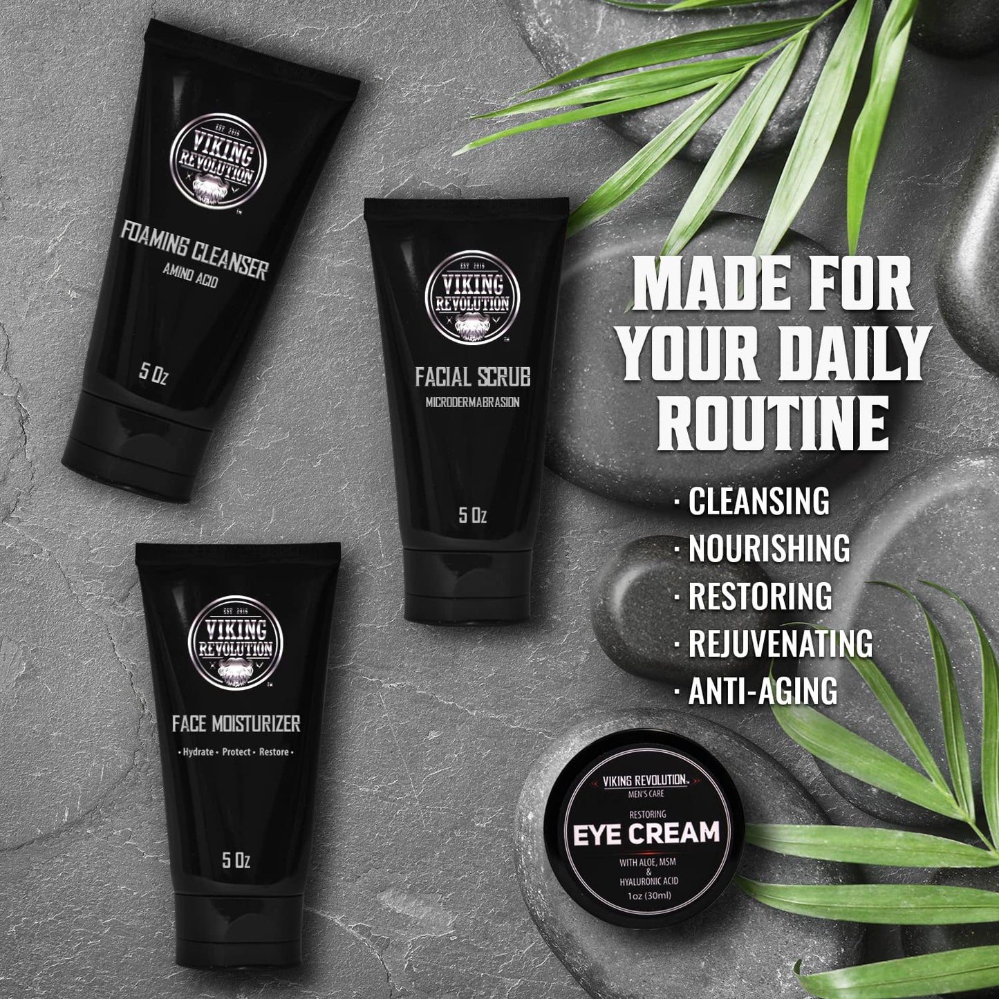 Viking Revolution - Mens Skincare Kit - Includes (148ml Each) Mens Face Moisturiser, Mens Face Wash, Mens Face Scrub and Mens Eye Cream (30ml) - Mens Skincare Gift Set - Gifts For Men