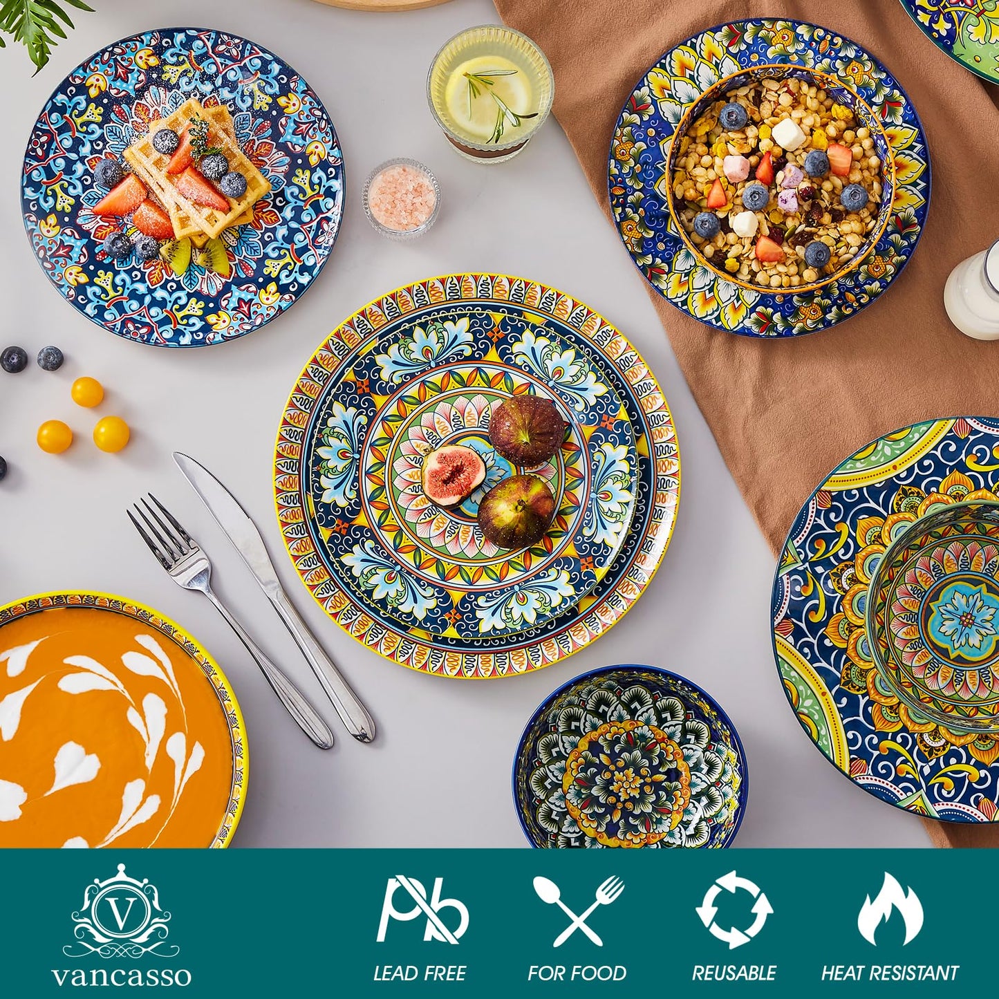 vancasso SIMI Dinner Set- 24 Pieces for 6 People, Porcelain Plates and Bowls Set, Bohemian Style Dinnerware Sets, Scratch Resistant Dinner Service Set, Dishwasher and Microwave Safe