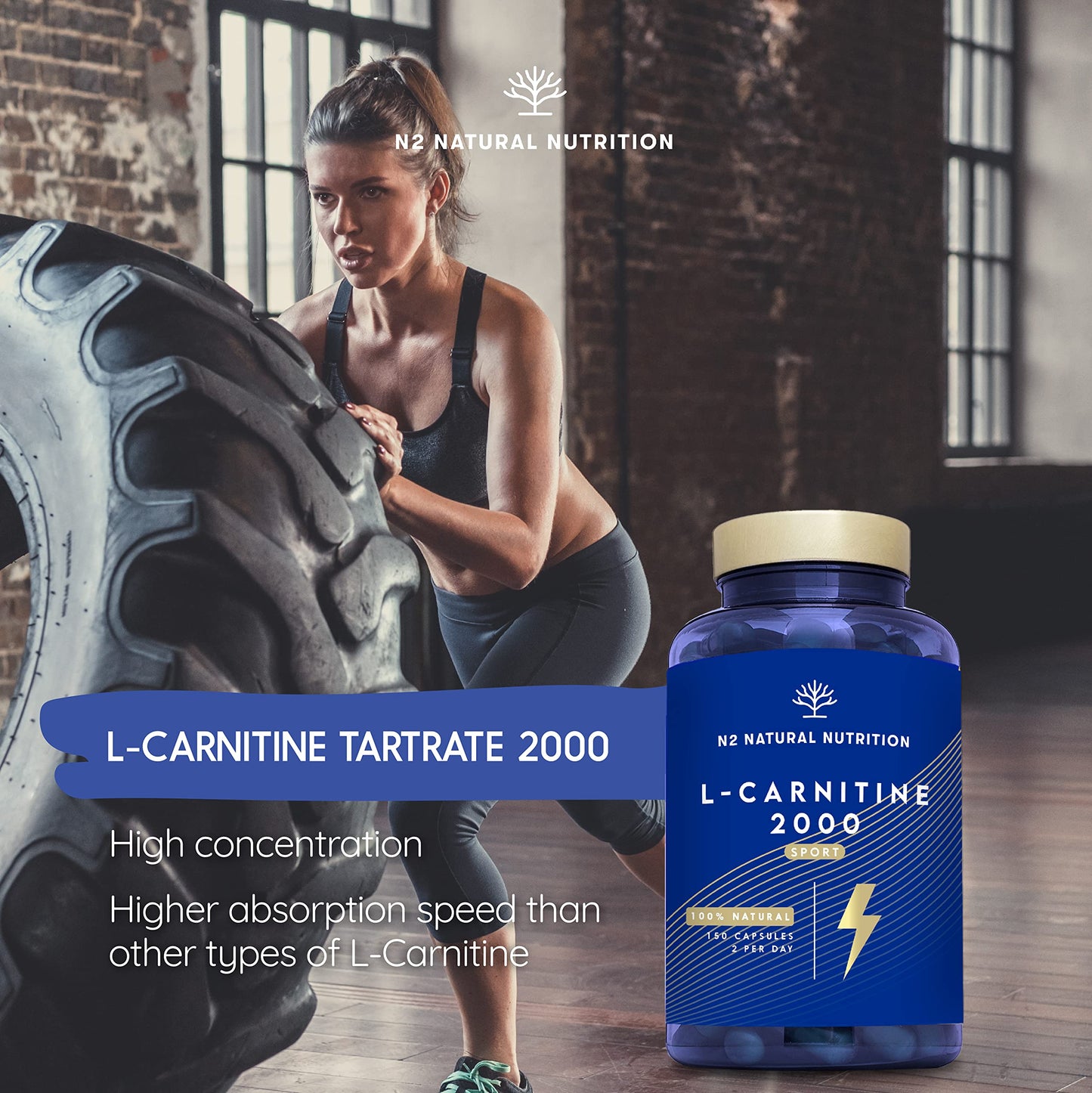 Natural L CARNITINE 2000mg 150 Capsules 75 Days (only 2 Capsules per Day) High Concentration Improves Sports Performance. Weight Loss, Energy Resistance. CE Manufactured. N2 Natural Nutrition
