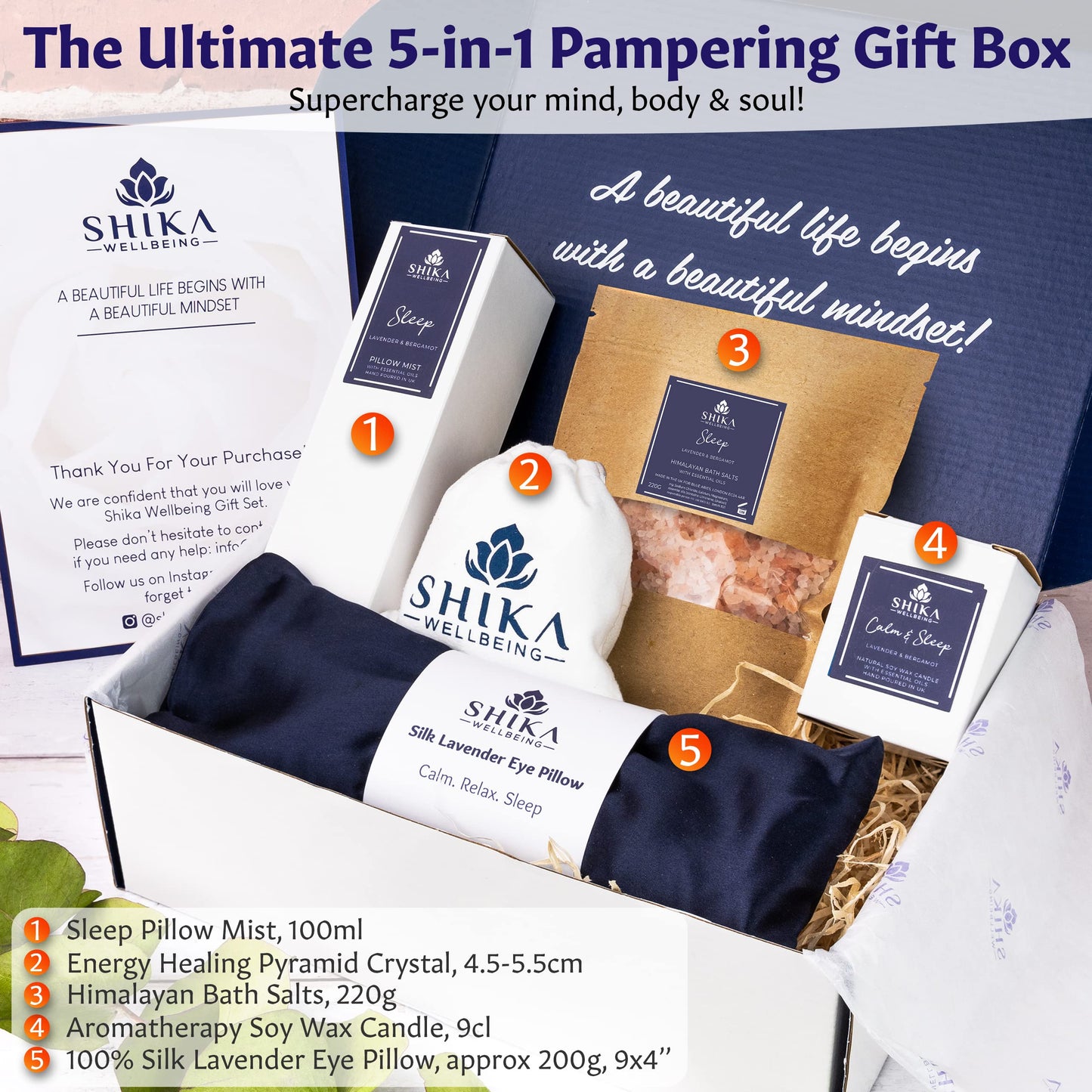 Shika Wellbeing LUXURY SLEEP WELL Pamper Gift Set for Women 100% Silk Lavender Eye Pillow, Pillow Mist, Aromatherapy Candle, Relaxing Bath Salts, 7 Chakra Pyramid Crystal MADE IN UK