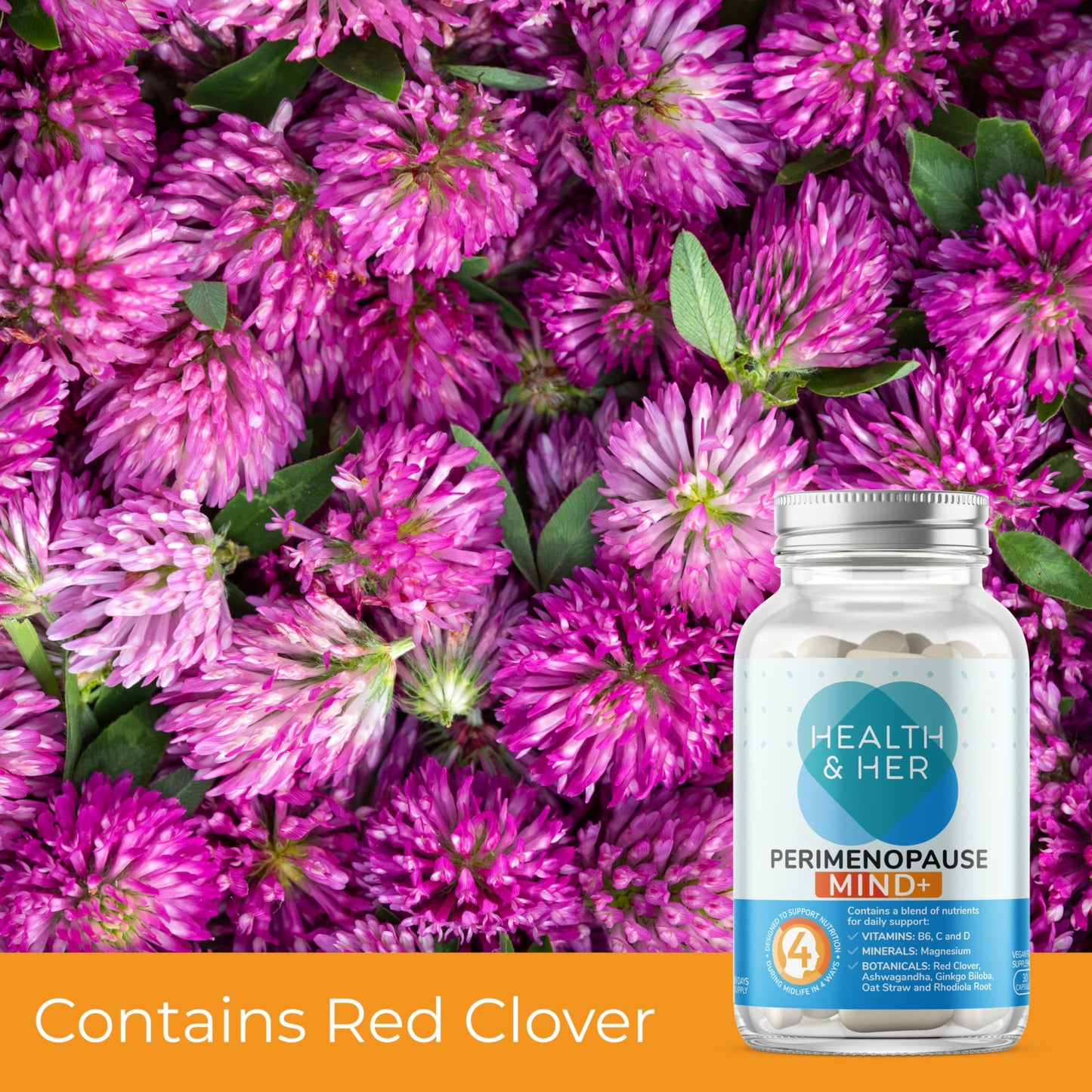 Health & Her Perimenopause Mind+ Supplements for Women - with Red Clover, Ashwagandha, Gingko Biloba - 1 Month Supply, 30 Capsules - Vegan & Gluten Free