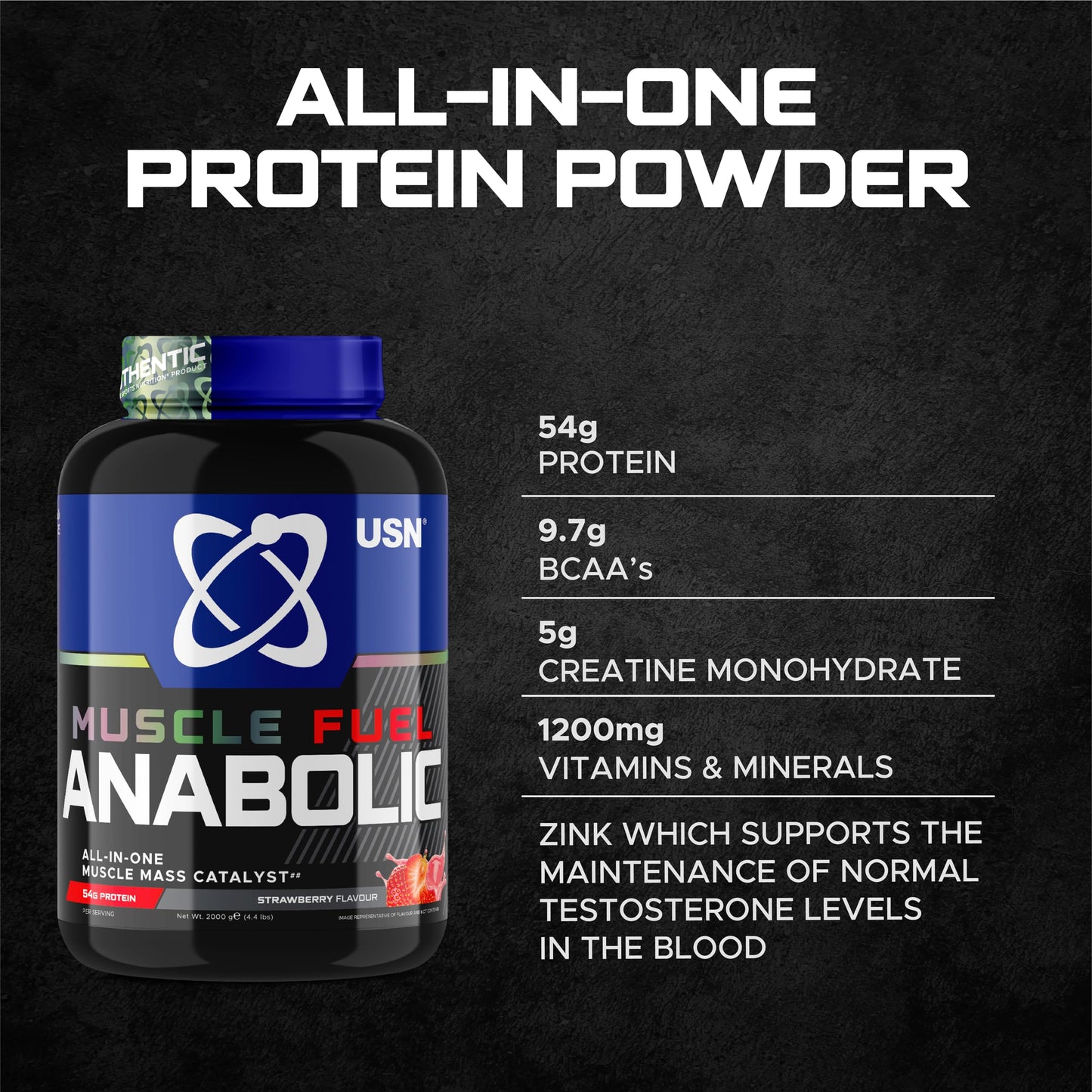 USN Muscle Fuel Anabolic All-In-One Muscle Mass Gainer, Strawberry Flavour - 2kg, 54g Protein Powder, 5g Creatine Powder & 5g BCAA Powder For Maximum Muscle Growth, Post Workout Recovery Drink Mix