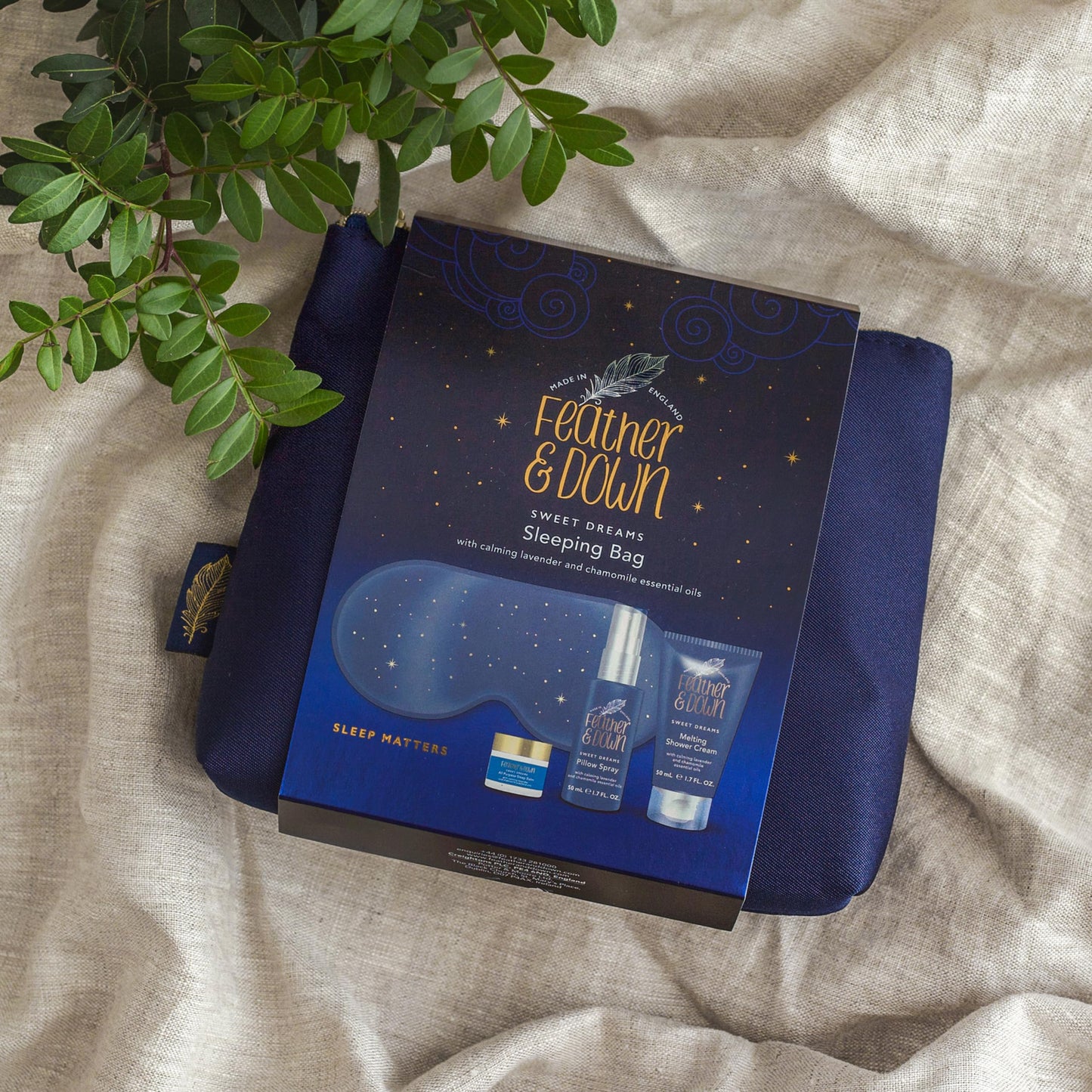 Feather & Down Sleeping Bag Gift Set (luxury eye mask, sleep balm, pillow spray and shower cream) - with calming lavender & chamomile essential oils. Vegan Friendly & Cruelty Free.
