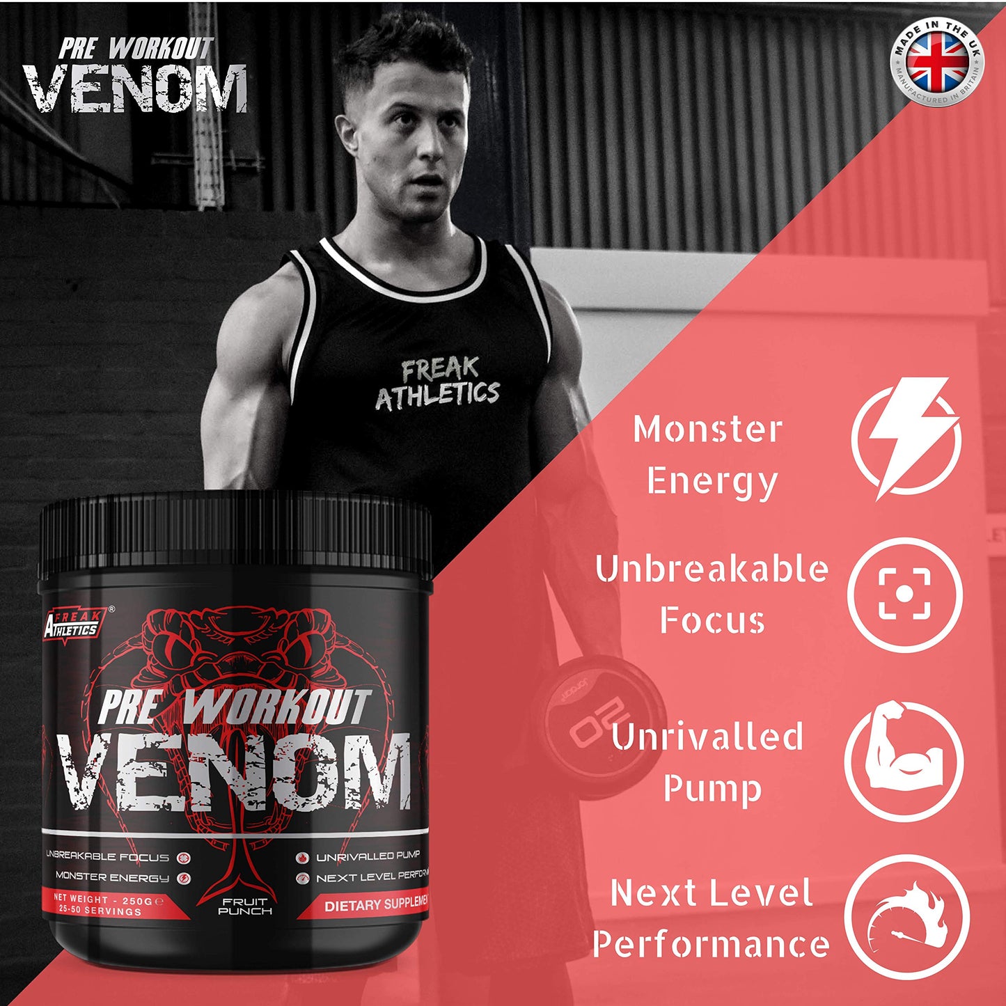 Pre Workout Venom 'Fruit Punch' - Pump Pre Workout Supplement by Freak Athletics - Elite Level Pre Workout Supplement - Pre Workout Powder Made in The UK - Available in Fruit Punch