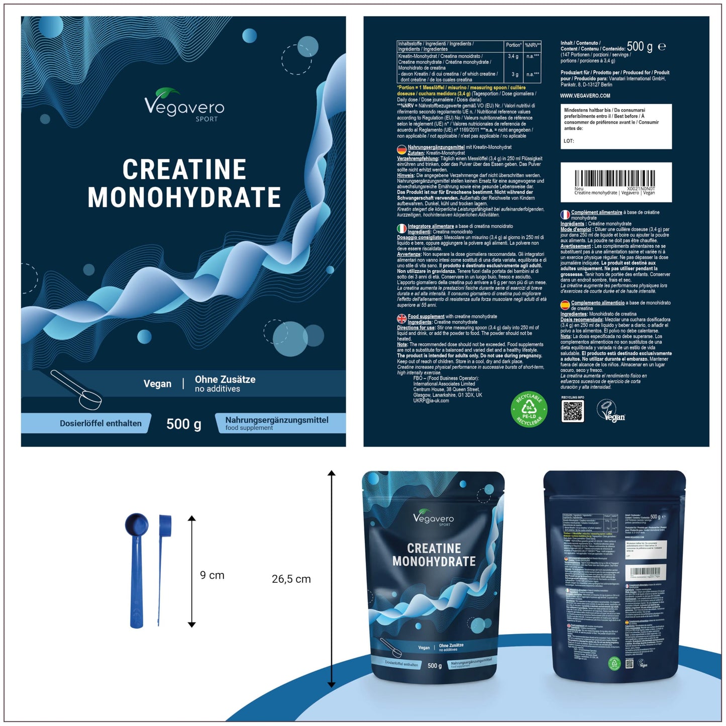 Vegavero Creatine Monohydrate Powder | Pure Unflavoured | 3,4 mg per Day - 147 Portions | Performance and Muscle Building | NO Additives | Lab Tested | 500g Vegan Creatin