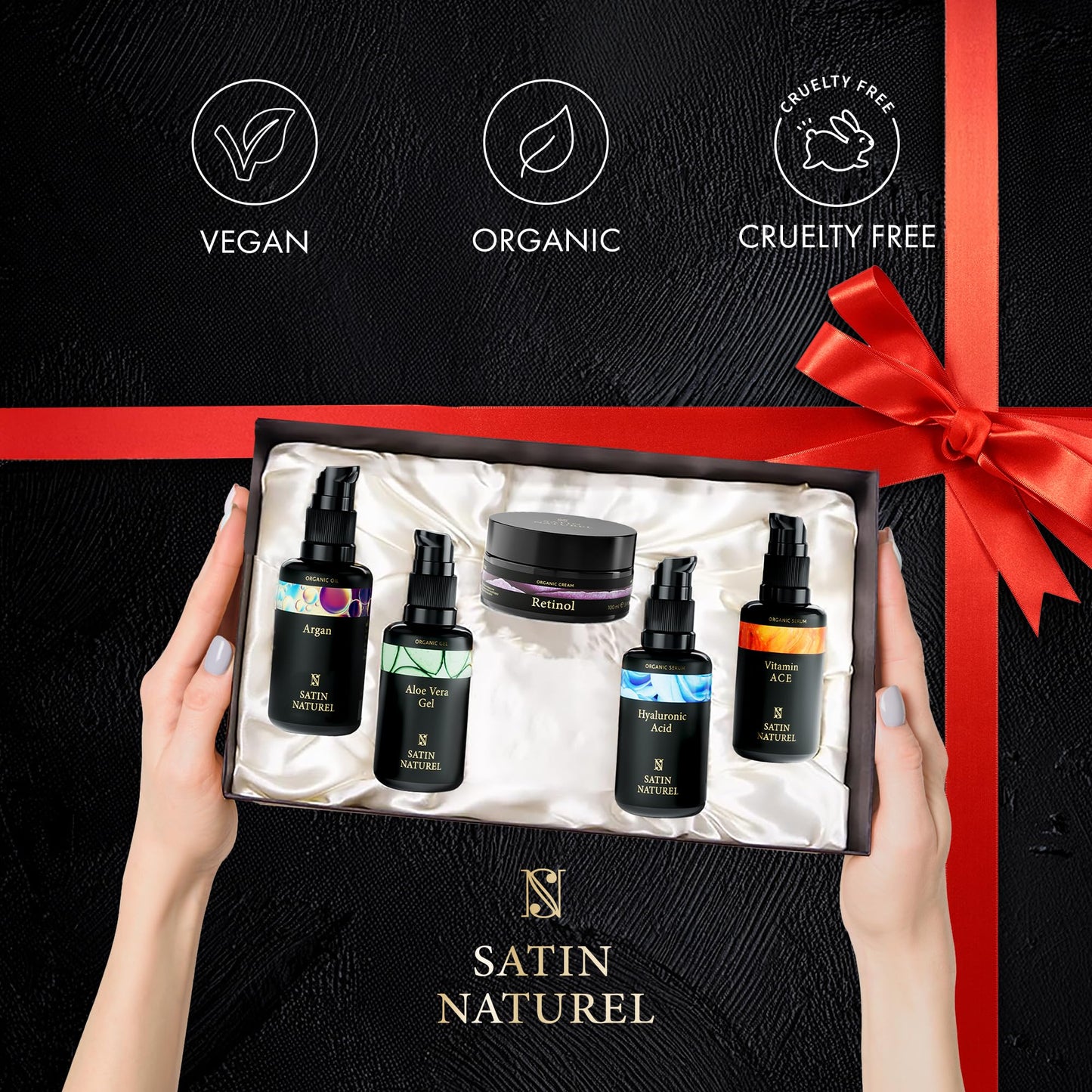 Satin Naturel Gift Set Women with Hyaluronic Acid Serum for Face + Vitamin C Serum + Aloe Vera Gel + Argan Oil + Moisturiser 5x30ml, Luxury Gifts for Women - Gift for Her - Gift Box
