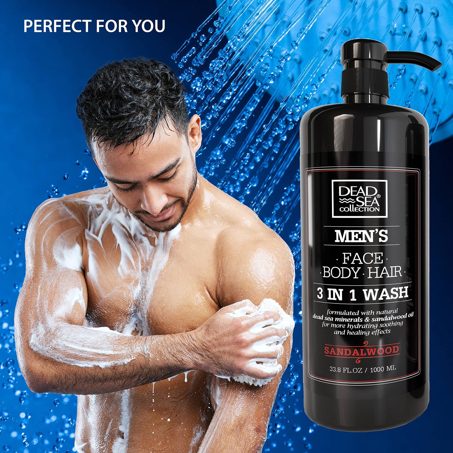 Dead Sea Collection Mens Shower Gel 3 in 1 with Sandalwood Oil and Dead Sea Salt - Body Wash, Shampoo for Men, Face Wash - Pack of 2 (1000 ml. each)