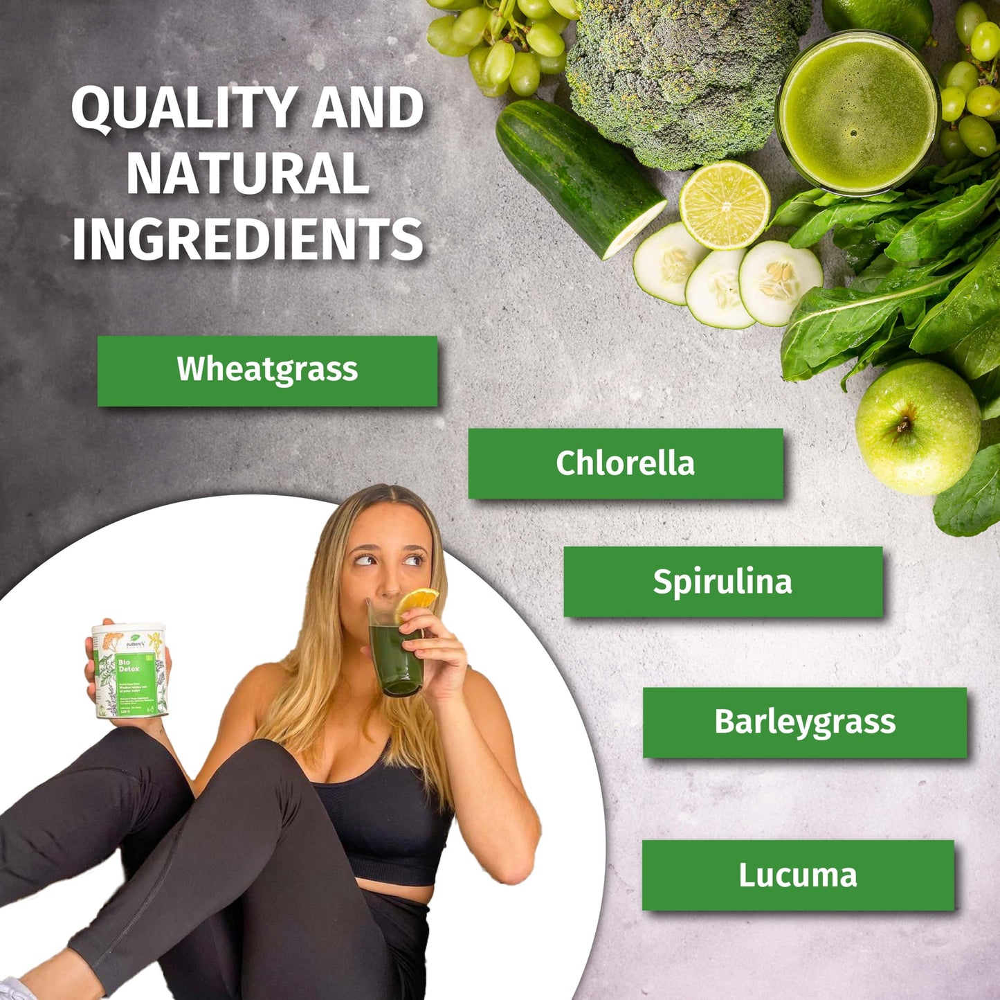 Nature's Finest by Nutrisslim Bio Detox Mix with Wheatgrass, Chlorella & Spirulina - Natural Detox Drink for Body Cleanse, Gut Health & Colon Cleanse - High Fibre & Protein Content - 250 g, Vegan