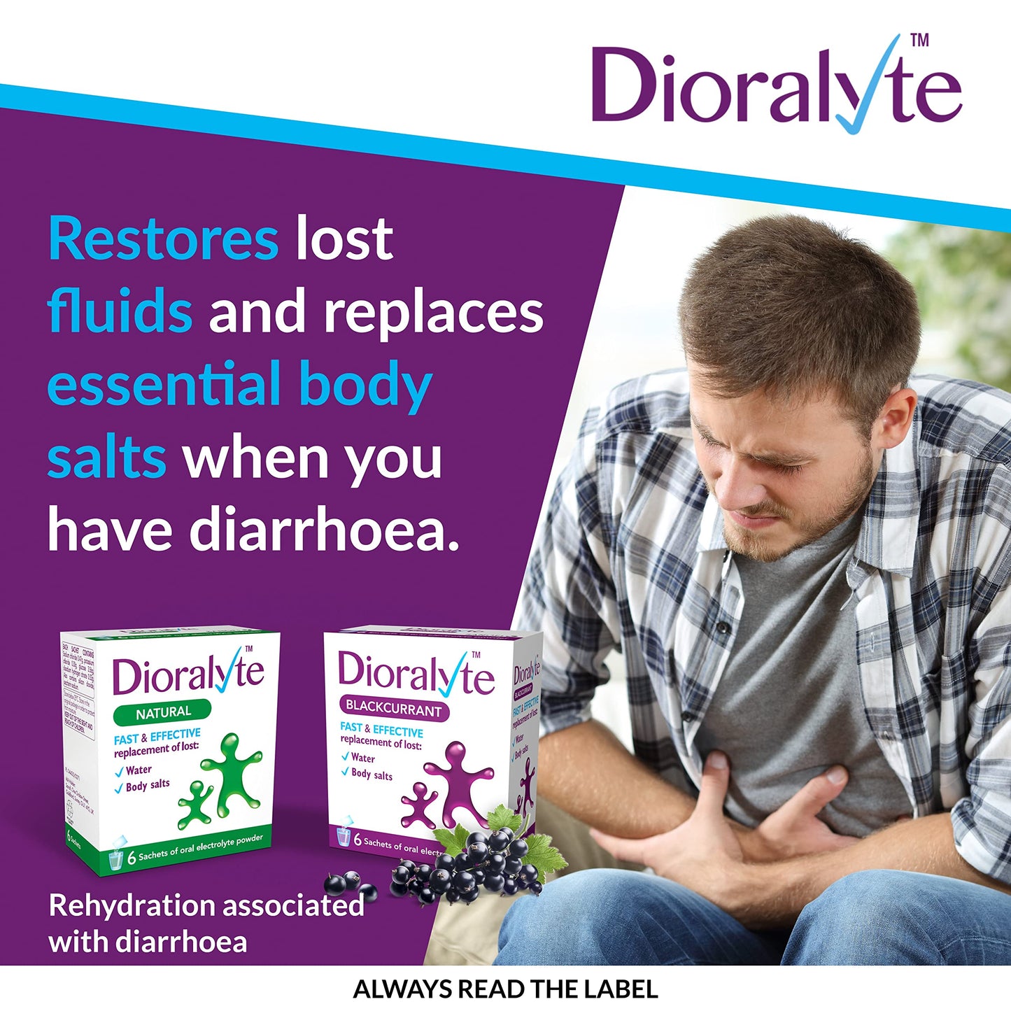 Dioralyte - Fast and Effective Supplement Treatment for Reducing Dehydration and Replacing Electrolytes (mineral salts) of Lost Body Water and Salts- Blackcurrant Flavour - 6 Sachets