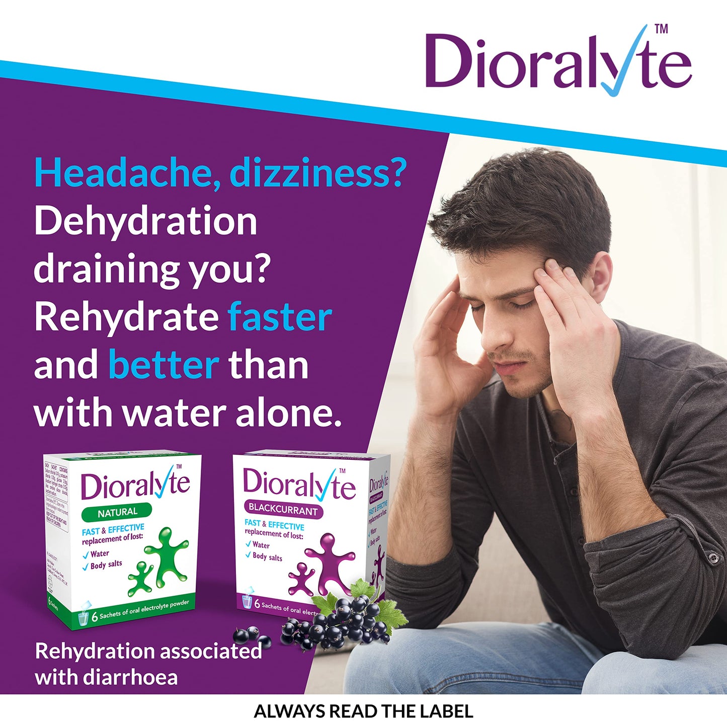 Dioralyte - Fast and Effective Supplement Treatment for Reducing Dehydration and Replacing Electrolytes (mineral salts) of Lost Body Water and Salts- Blackcurrant Flavour - 6 Sachets