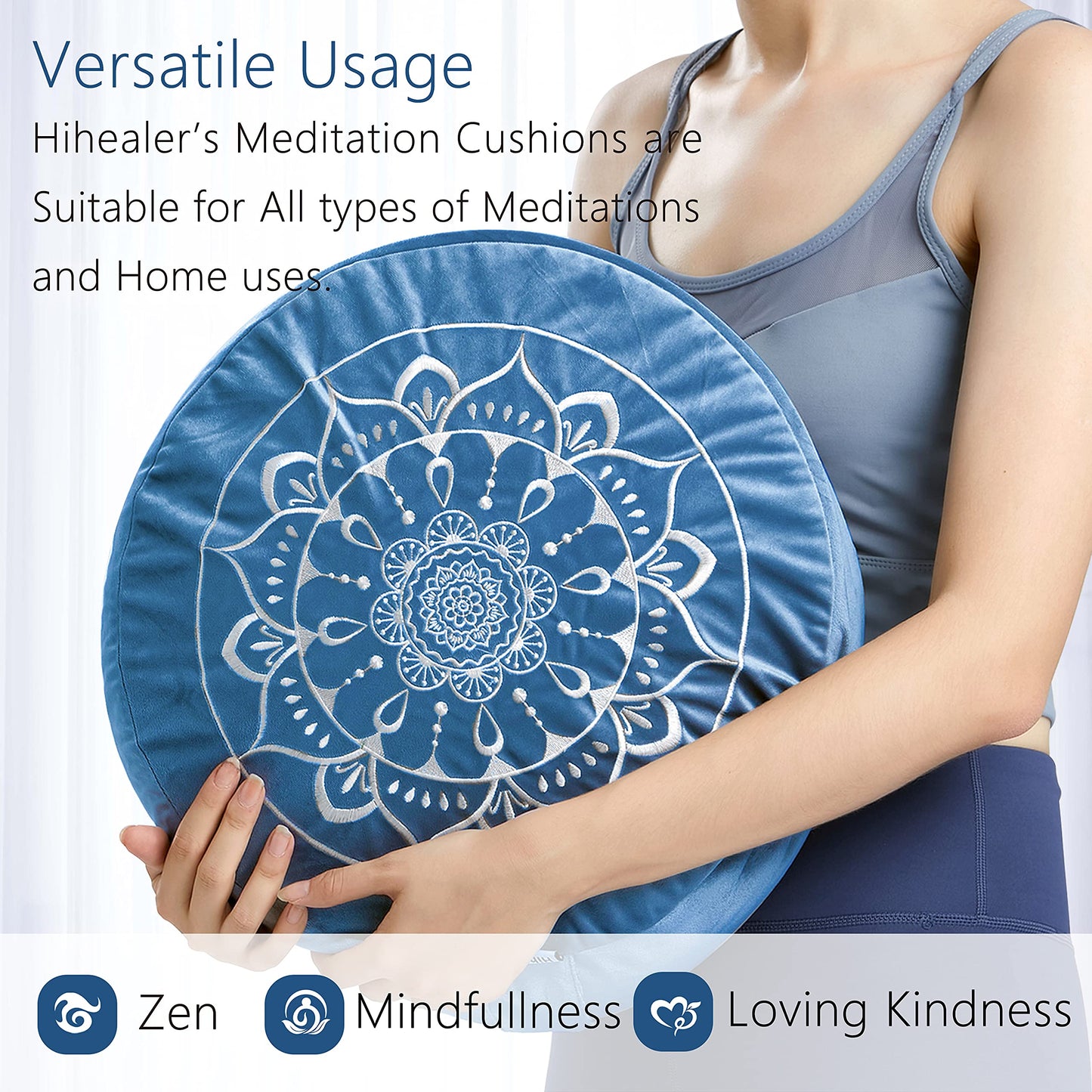 Hihealer Meditation Cushion with Extra Velvet Cover - Large Traditional Tibetan Meditation Yoga Floor Cushion Pillow Zafu Filled by Buckwheat Hulls, Great Gift for Women (Restful Light Blues)