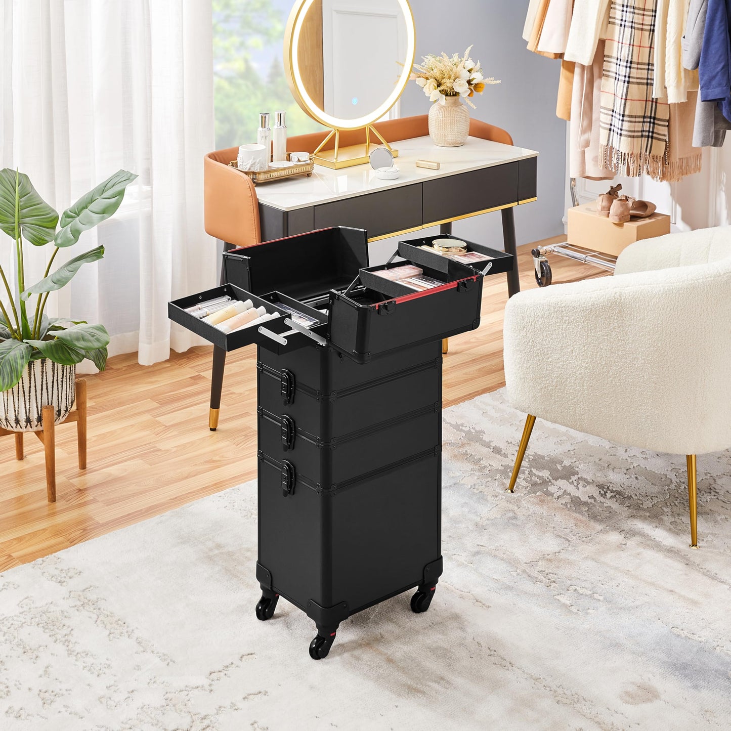 Yaheetech Professional Large 4-in-1 Makeup Vanity Case Beauty Cosmetics Organiser Rolling Case Hairdressing Trolley with Key Locks, 4 Tiers, All Black