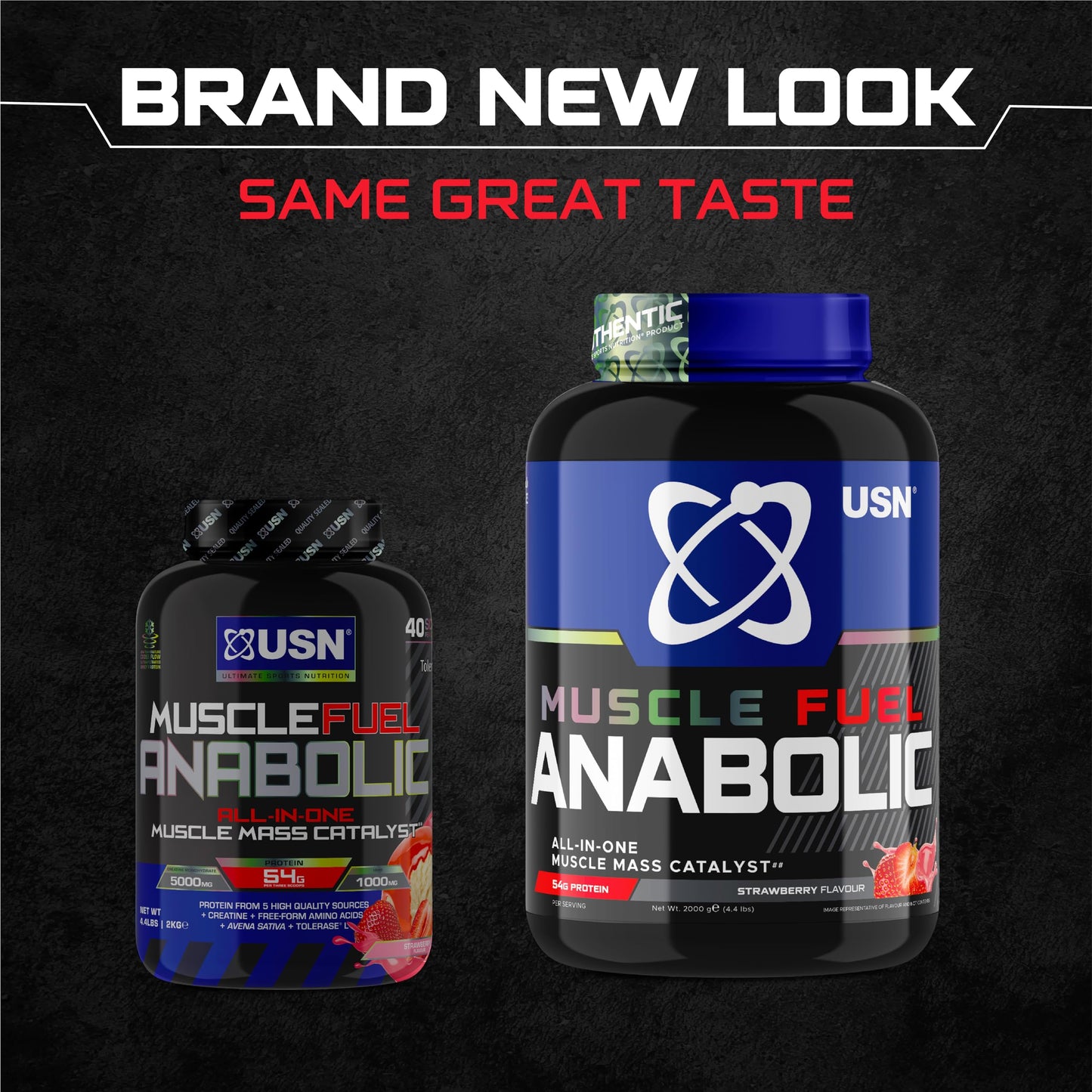 USN Muscle Fuel Anabolic All-In-One Muscle Mass Gainer, Strawberry Flavour - 2kg, 54g Protein Powder, 5g Creatine Powder & 5g BCAA Powder For Maximum Muscle Growth, Post Workout Recovery Drink Mix