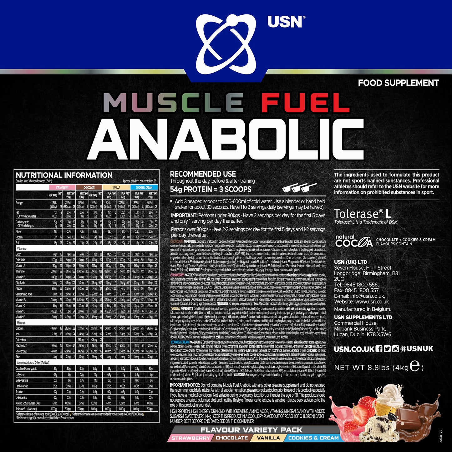 USN Muscle Fuel Anabolic All-In-One Muscle Mass Gainer, Variety Flavour Pack - 4kg, 54g Protein Powder, 5g Creatine Powder & 5g BCAA Powder For Maximum Muscle Growth, Post Workout Recovery Drink Mix