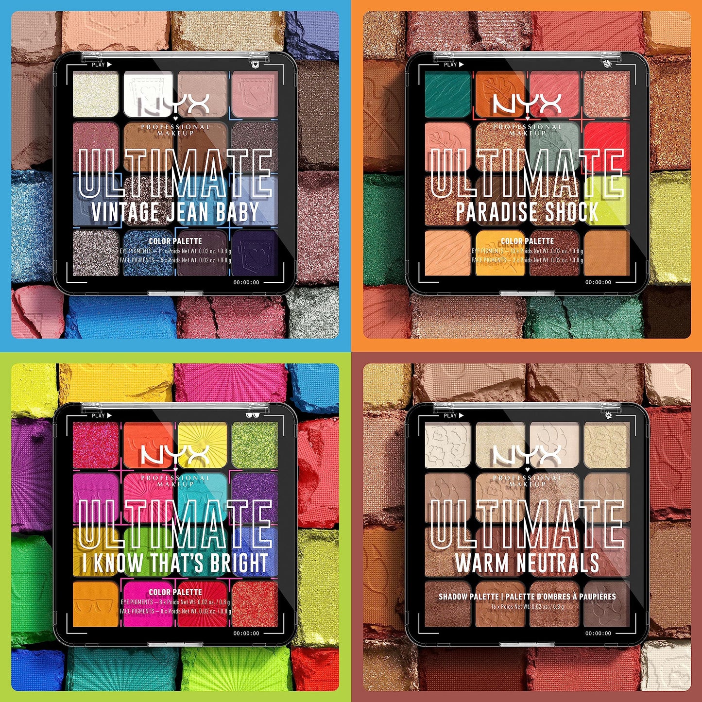 NYX Professional Makeup Ultimate Shadow Palette, 16 Vibrant True-To-Pan Eyeshadow Shades, Metallics, Shimmers, Colours and Nudes in Pressed Pigments, Vegan Formula, Warm Neutrals, 0.8 g