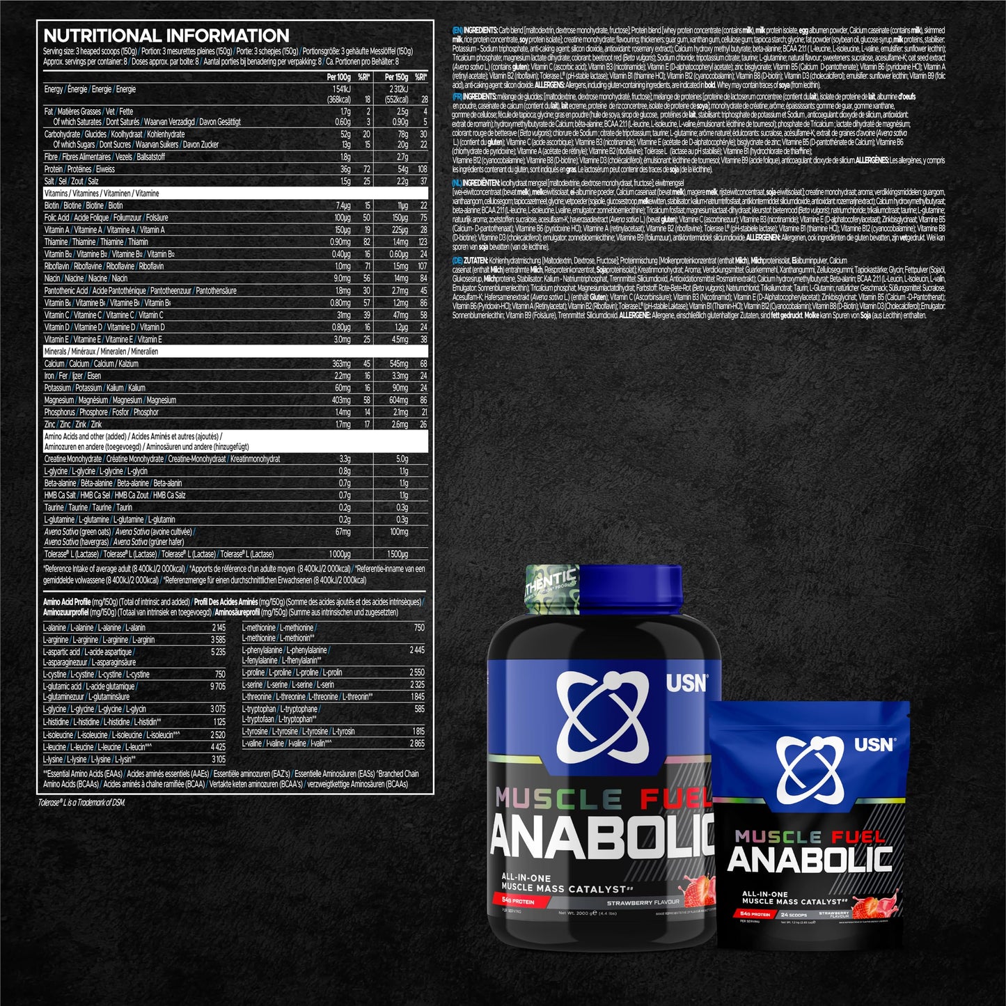 USN Muscle Fuel Anabolic All-In-One Muscle Mass Gainer, Strawberry Flavour - 2kg, 54g Protein Powder, 5g Creatine Powder & 5g BCAA Powder For Maximum Muscle Growth, Post Workout Recovery Drink Mix