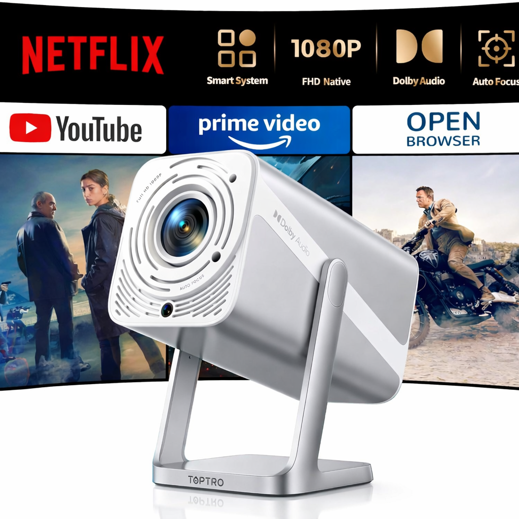 TOPTRO 4K Smart Projector – FHD 1080P WiFi 6 & Bluetooth Home Cinema