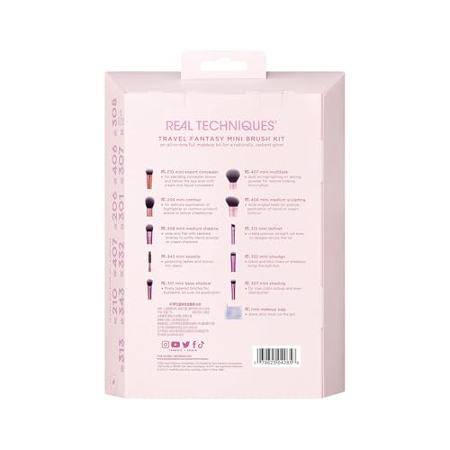 Real Techniques Travel Fantasy Mini Brush Kit, Makeup Brushes For Eyeshadow, Highlight, Contour, Powder, and Concealer, Travel-Sized Brushes and Cosmetic Bag, Synthetic Bristles, 11 Piece Set