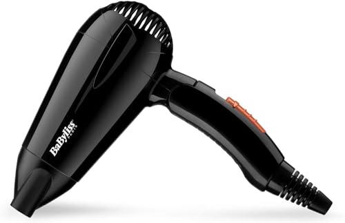 BaByliss Travel Folding Hair Dryer - Lightweight and Powerful 2000W Blow Dryer, Dual Voltage, Worldwide Use, 2 Heat/Speed Settings, Black/Orange, 5334U