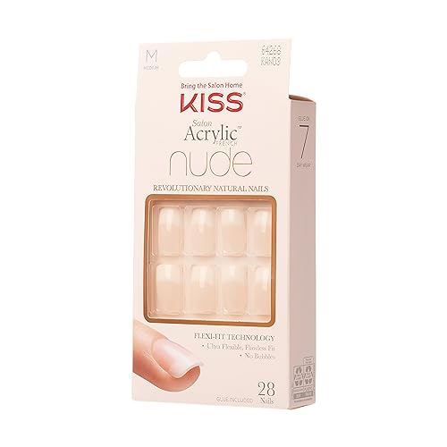 KISS Salon Acrylic French Nude Collection, Cashmere, Medium Length Nude Fake Nails, Includes False Nails, Nail Glue, Nail File, and Manicure Stick, 28 Count (Pack of 1)