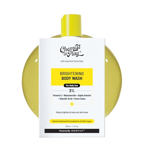 Chemist at Play Brightening Body Wash | Glowing Skin Vitamin C Bodywash | Helps to Reduce Fades Dark Spots, Evens out Skin Tone | Alpha Arbutin | 30X Vitamin C with Camu Camu | For Women & Men | 236ml