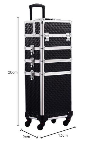 Joligrace 4-in-1 Tall Vanity Case for Women Makeup Box Make Up Beauty Trolley on Wheels Professional Large Makeup Case Organiser Rolling Box Nail Technician case with Locks (Black)