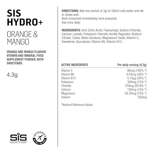 Science in Sport Hydro+ Electrolytes Powder Sachets with 5 Essential Electrolytes and Added Vitamins C, B6, and B12 for Hydration Drink | Orange Mango, Pack of 6 Sachets